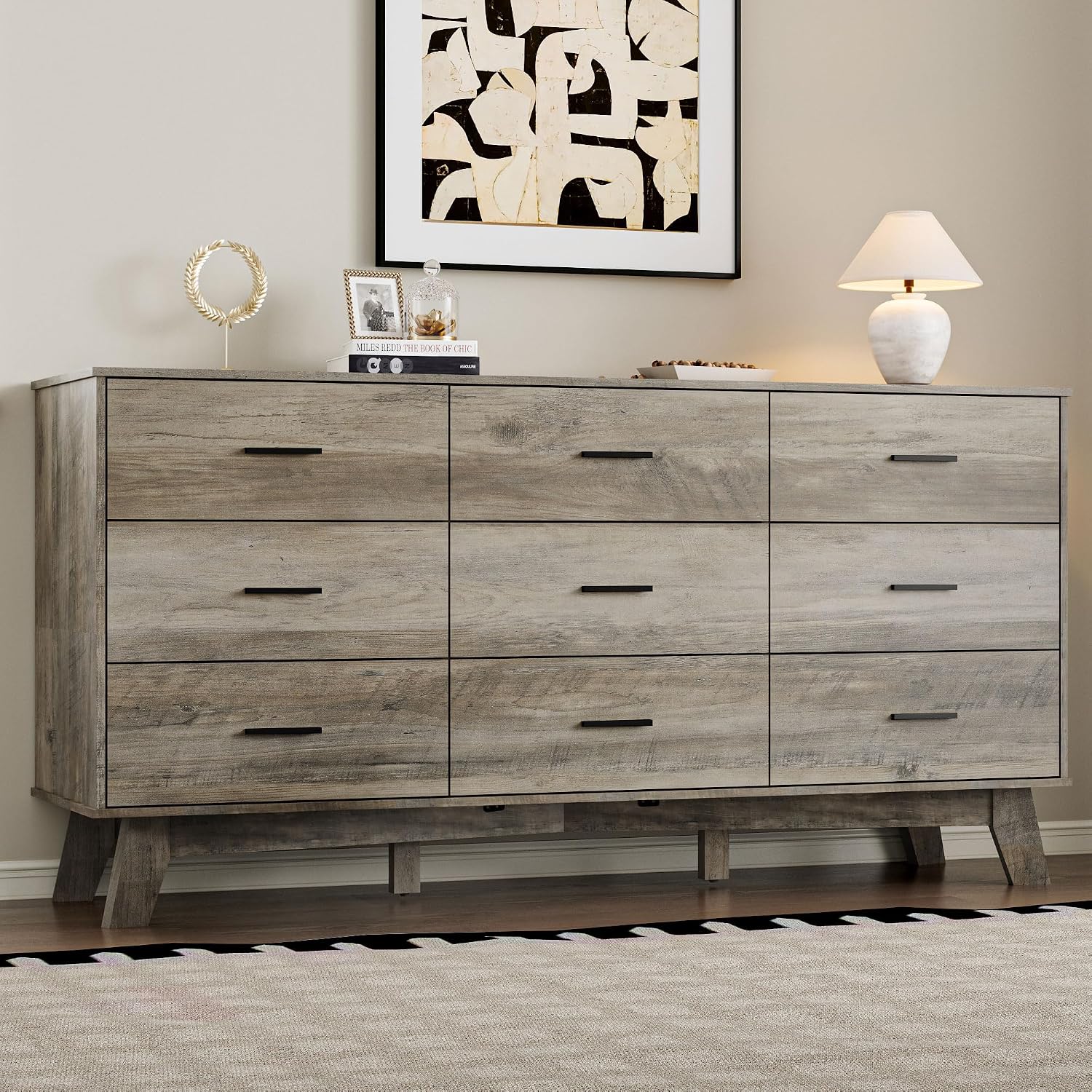 BORNOON Dresser for Bedroom with 9-Drawer, 59' Wide Modern Chest of Drawers with Metal Handles, X-Shape Base & Adjustable Center Leg, Anti-Tip Closet Organizers and Storage