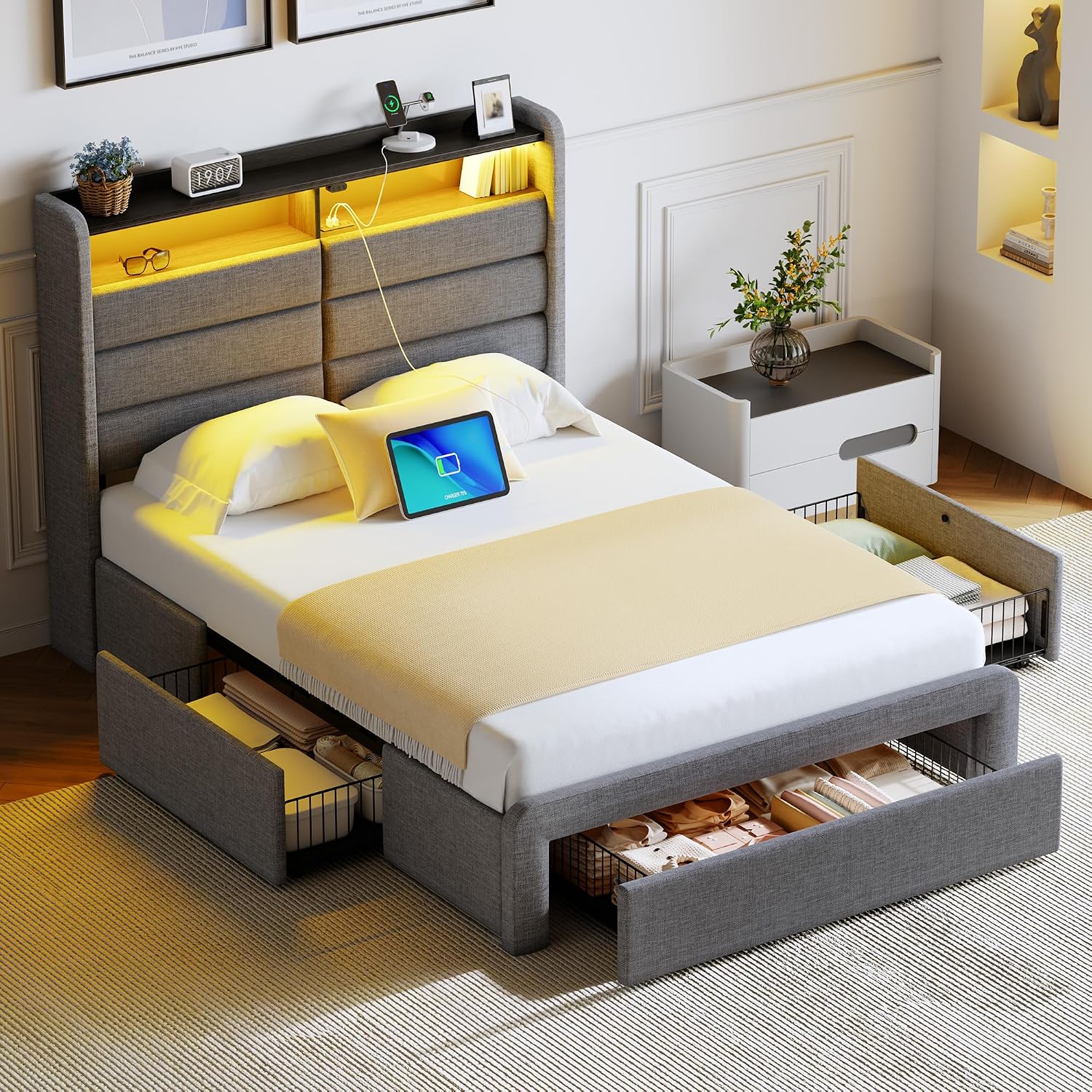 Seventable Twin Bed Frame with Storage Drawers & Charging Station, Upholstered Platform Bed with LED Light and Storage Headboard, Gray, No Box Spring Needed, Noise Free, Easy Assembly