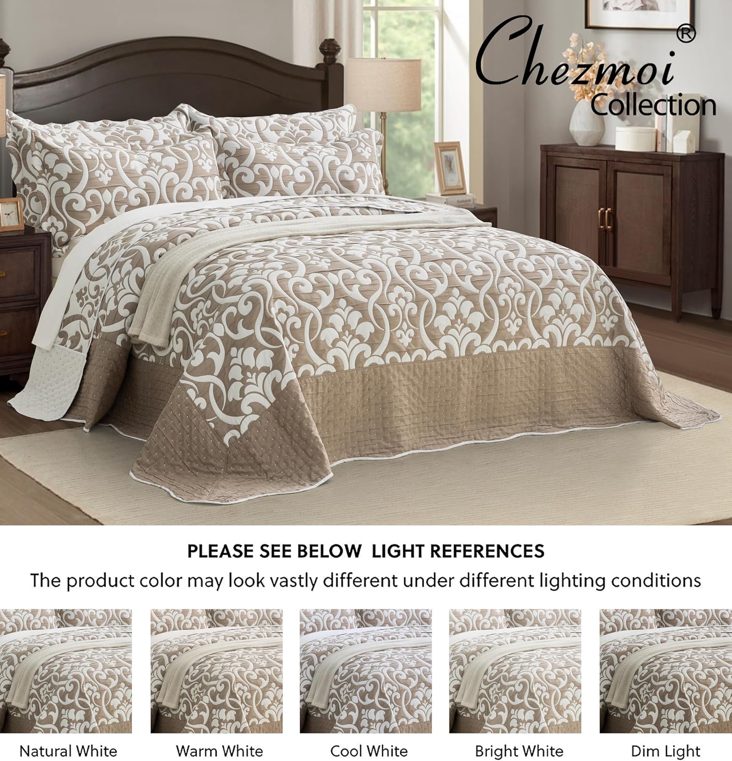 Chezmoi Collection Oversized Bedspread 128x120, Jacquard Matelasse Floral Damask Design, 5-Piece Lightweight Reversible Microfiber Coverlet Set Textured Dot Border, Super King, Taupe/White