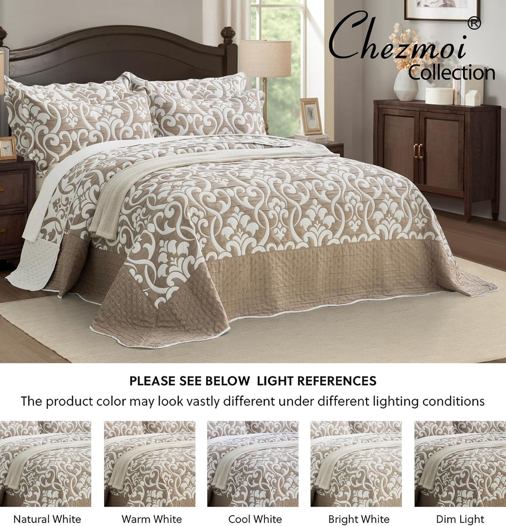 Chezmoi Collection Oversized Bedspread 138x122, Jacquard Matelasse Floral Damask Design, 5-Piece Lightweight Reversible Microfiber Coverlet Set Textured Dot Border, Alaskan King, Dark Gray/White