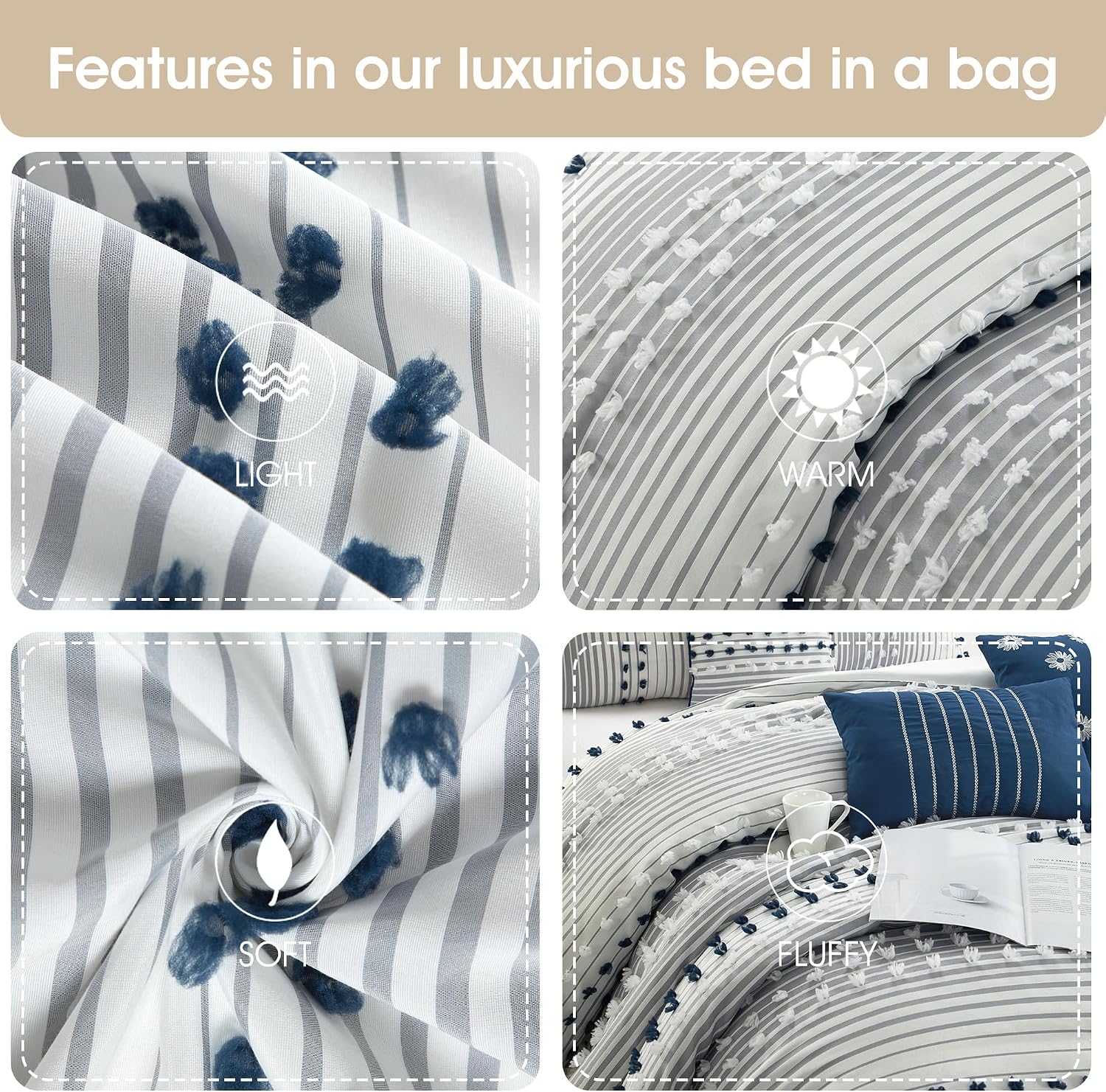 Stratford Park Blue Striped Dots King Size Comforter Sets, 7 Piece, Jaquard & Clip Bedding Sets & Collections, Bedskirt, Pillows & Shams, All Season Bedding Set
