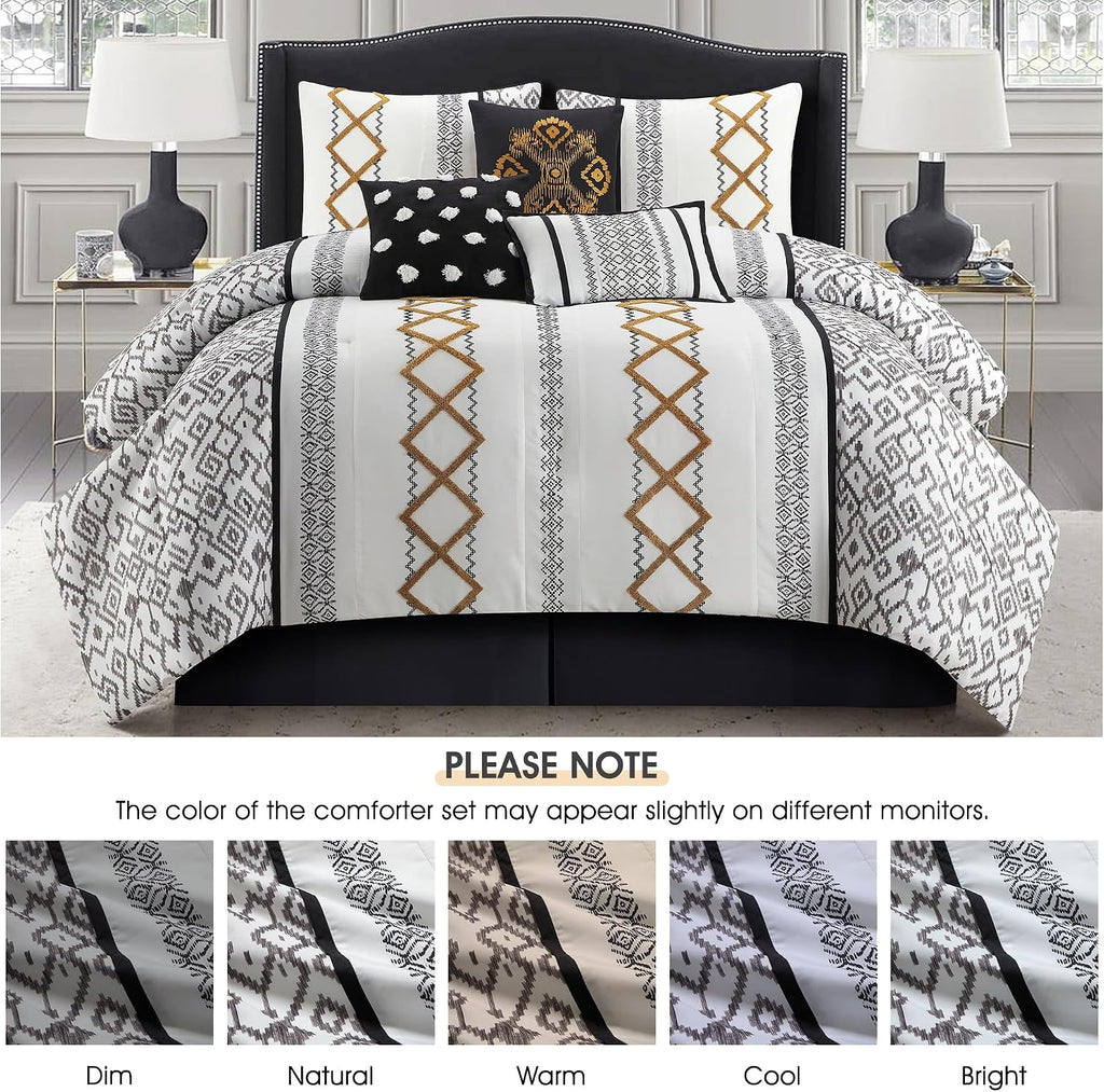 LANCO MODERN LIFESTYLE Black Gold Queen Comforter Set, 7 Pieces All Season Bedding Sets in a Bag with Geometric Terry Embroidered Comforter, Bed Skirt, Pillow Shams and Decorative Pillows