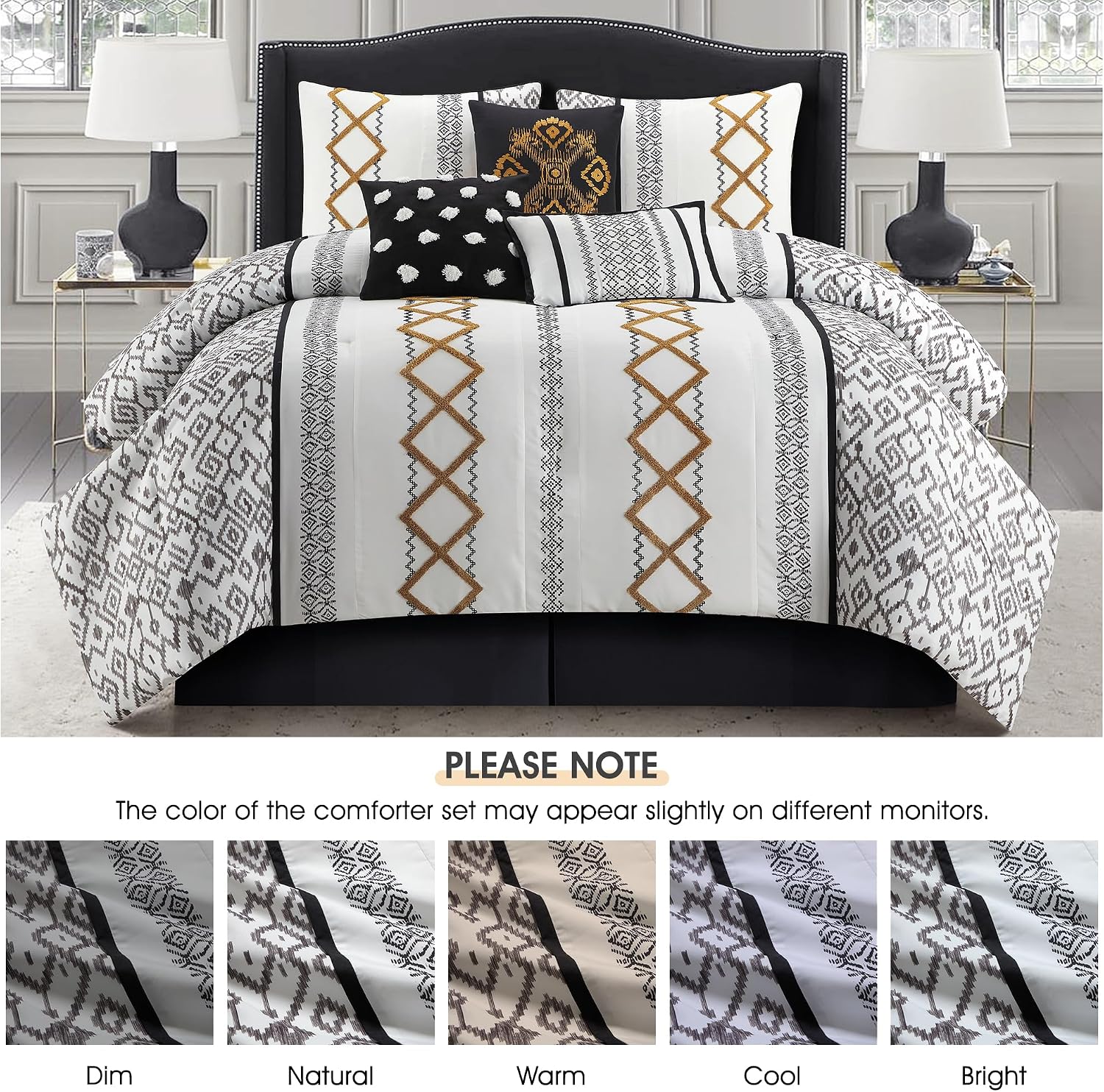 LANCO MODERN LIFESTYLE Black Gold Queen Comforter Set, 7 Pieces All Season Bedding Sets in a Bag with Geometric Terry Embroidered Comforter, Bed Skirt, Pillow Shams and Decorative Pillows
