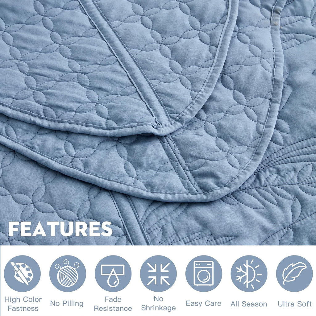 CHIXIN Botanical Oversized Bedspread King Size - Leaves Pattern Stitching Quilt Set - Elegant & Fresh Style Bedding Coverlets, Reversible, Lightweight, 5 Piece, Smokey Blue