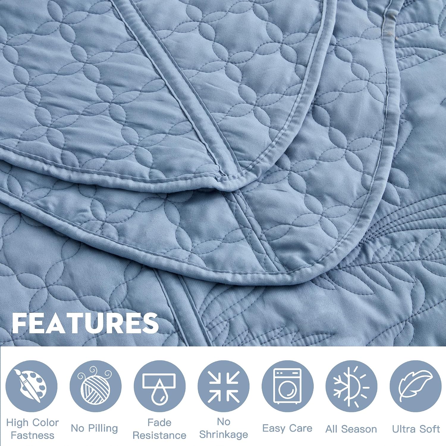 CHIXIN Botanical Oversized Bedspread King Size - Leaves Pattern Stitching Quilt Set - Elegant & Fresh Style Bedding Coverlets, Reversible, Lightweight, 5 Piece, Smokey Blue