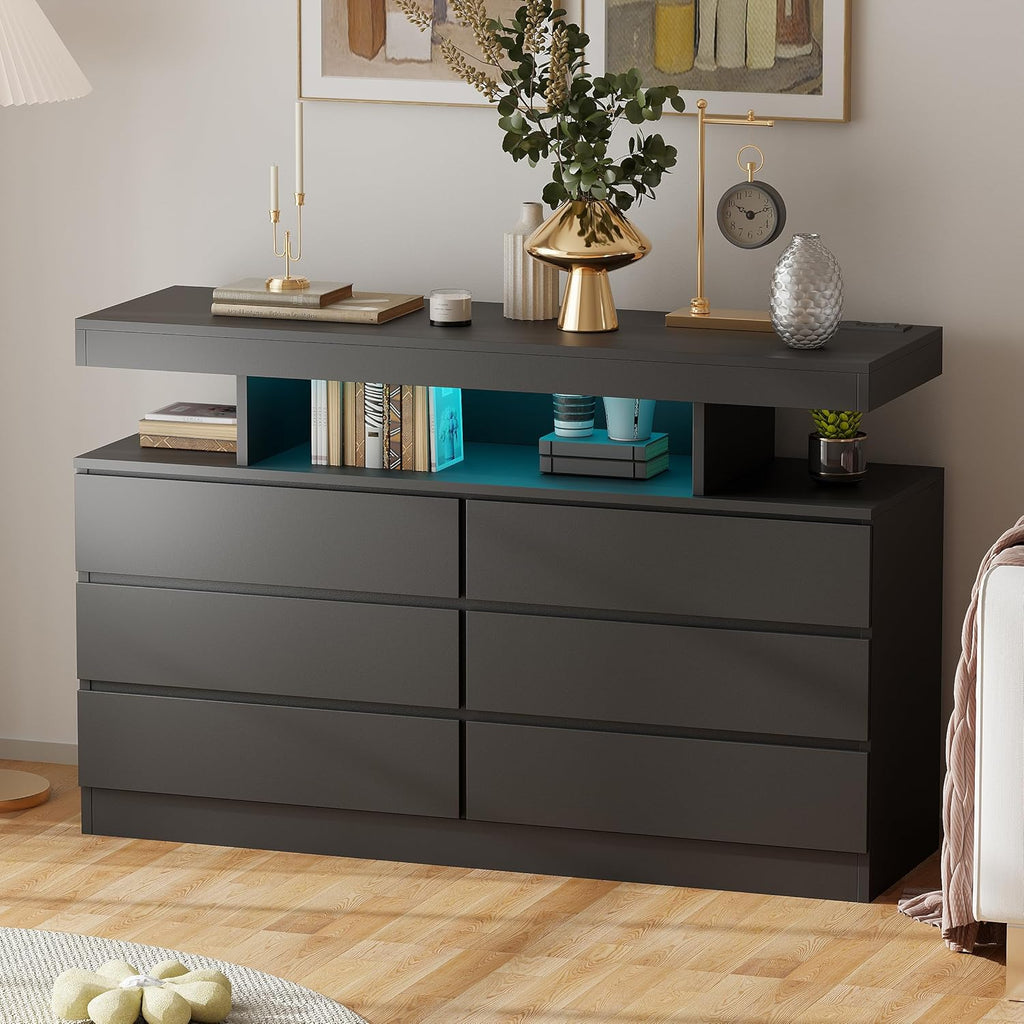 BEWISHOME Black Dresser for Bedroom with Charging Station and LED Lights, 6 Drawer Dresser Chests of Drawers, Wood Dressers for Closet, Modern Wide Dressers with Open Space, TV Stand, Black KCG02B