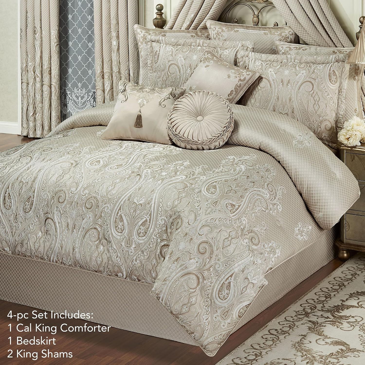 Lunata Classic Luxury Bedding | Chic Neutral Color Palette | Fine Jacquard-Woven Scrollwork and Diamonds | 4 Piece Bed Set includes Oversized California King Comforter, Bedskirt, and 2 King Shams