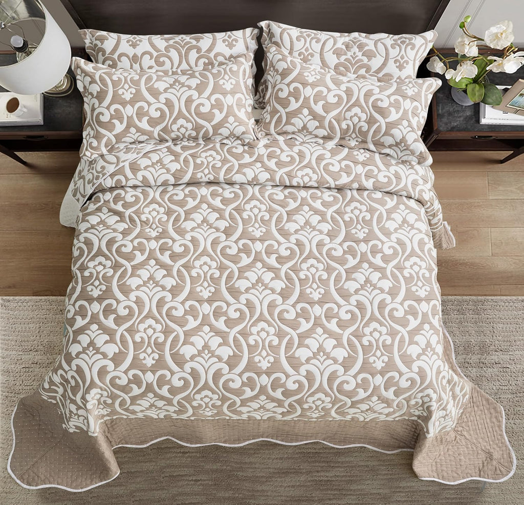 Chezmoi Collection Oversized Bedspread 128x120, Jacquard Matelasse Floral Damask Design, 5-Piece Lightweight Reversible Microfiber Coverlet Set Textured Dot Border, Super King, Taupe/White
