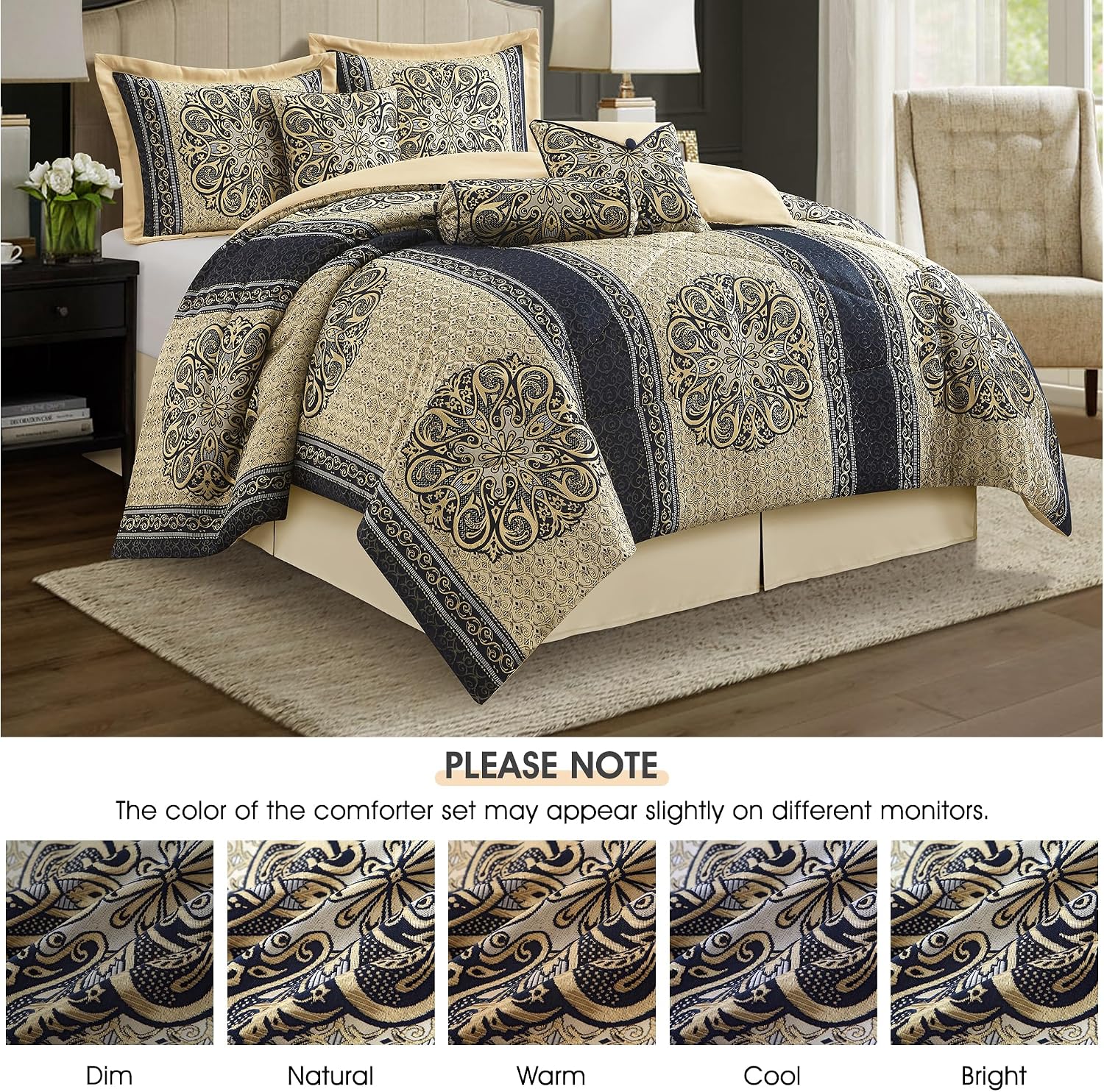 LANCO MODERN LIFESTYLE King Size Comforter Set, Navy Medallion Jacquard Design, Luxurious Bohemian 7 Pieces Bedding Set with Decorative Pillows and Bed Skirt