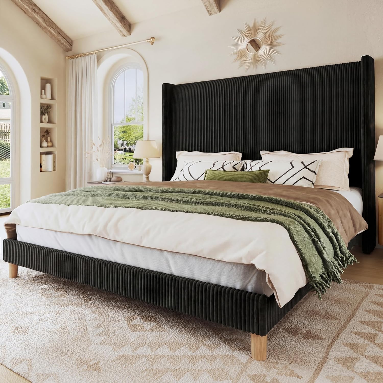 HUAHUU Queen Bed Frame with 51.2' Tall Headboard, Corduroy Upholstered Bed Frame with Wingback, Platform Bed with Wooden Slats Support, Easy Assembly, No Box Spring Needed, Black