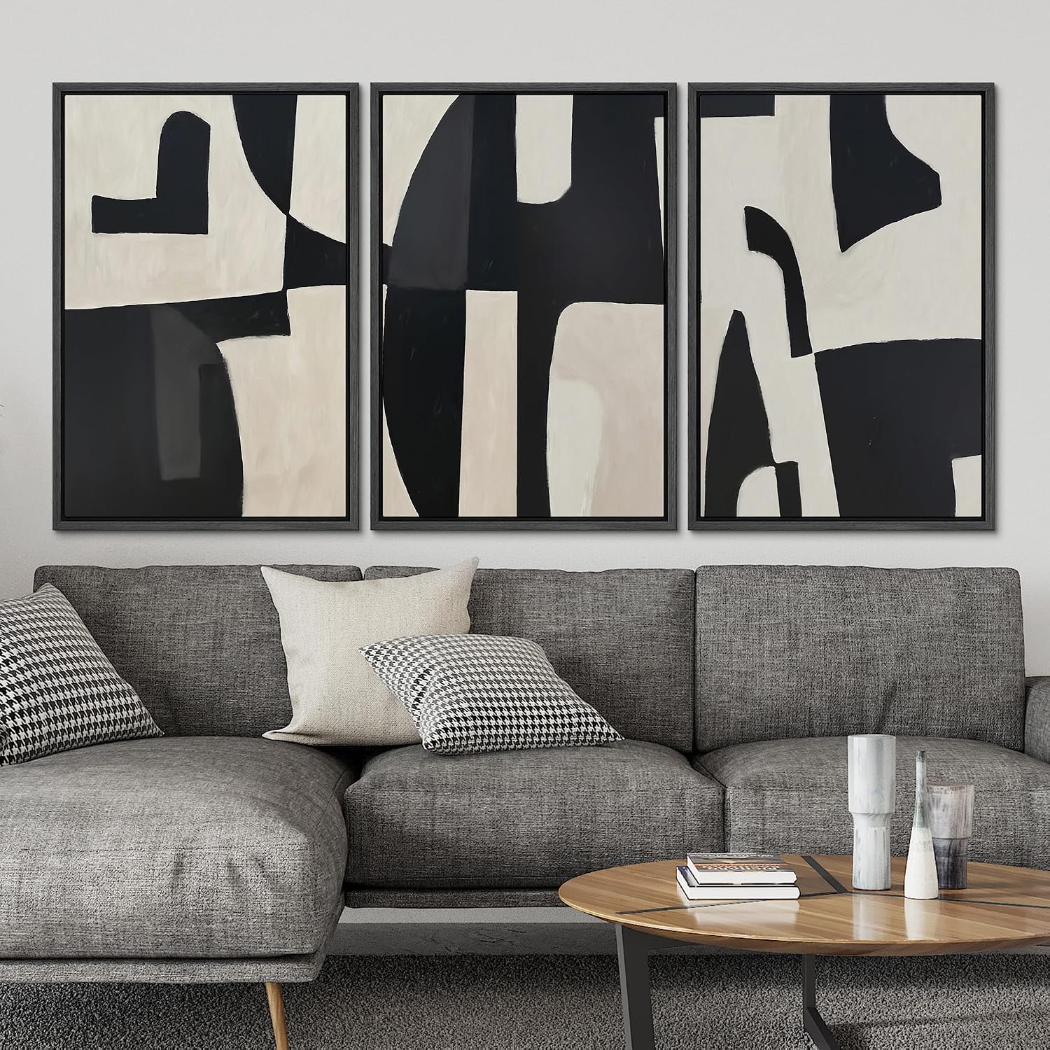 SIGNLEADER Framed Canvas Print Wall Art Set Black and Beige Abstract Shapes Modern Geometric Illustrations Boho Decorative for Living Room, Bedroom, Office - 16'x24'x3 Black