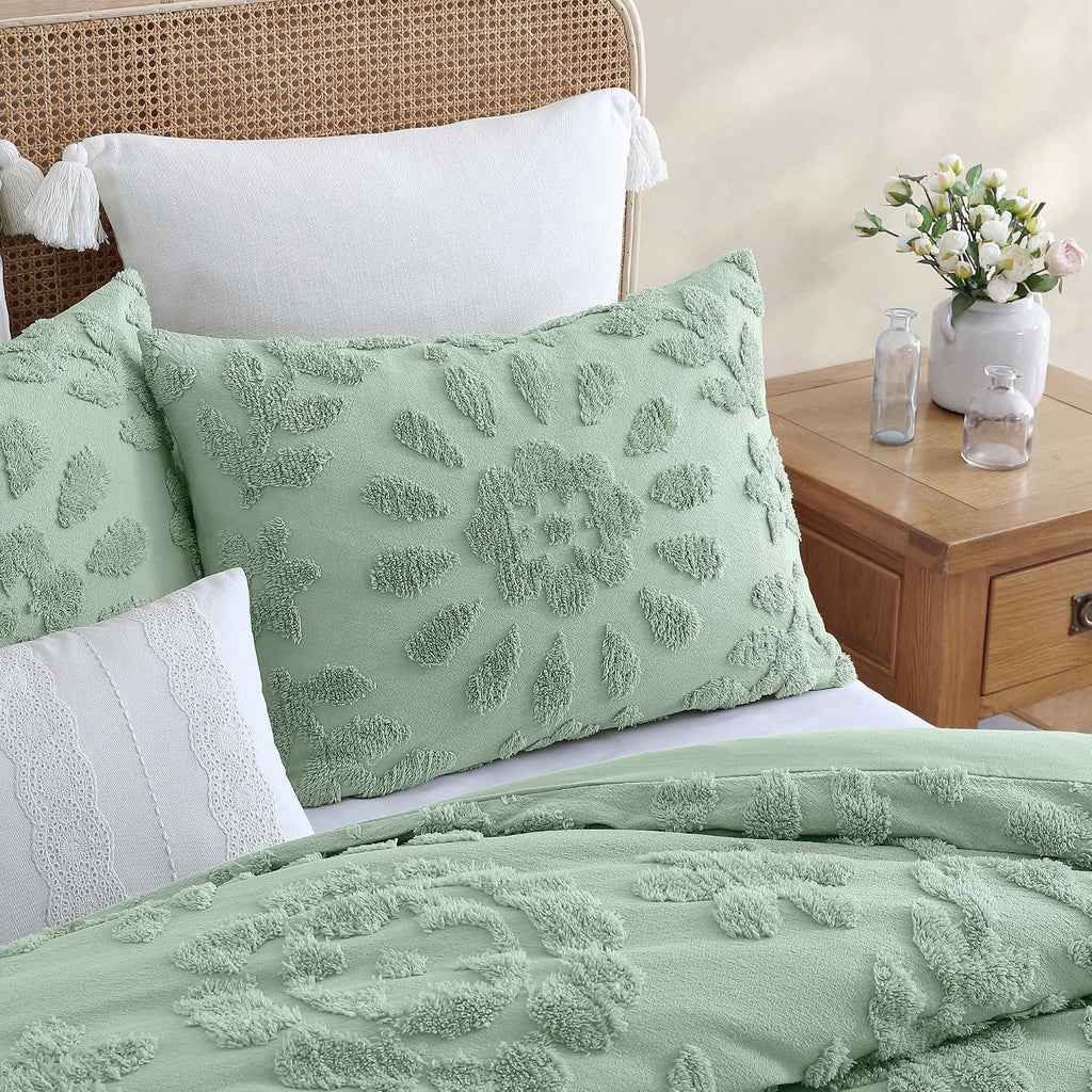 Peri Home 100% Cotton 3-Piece Comforter and Sham Set, King, Sage Chenille Laurel