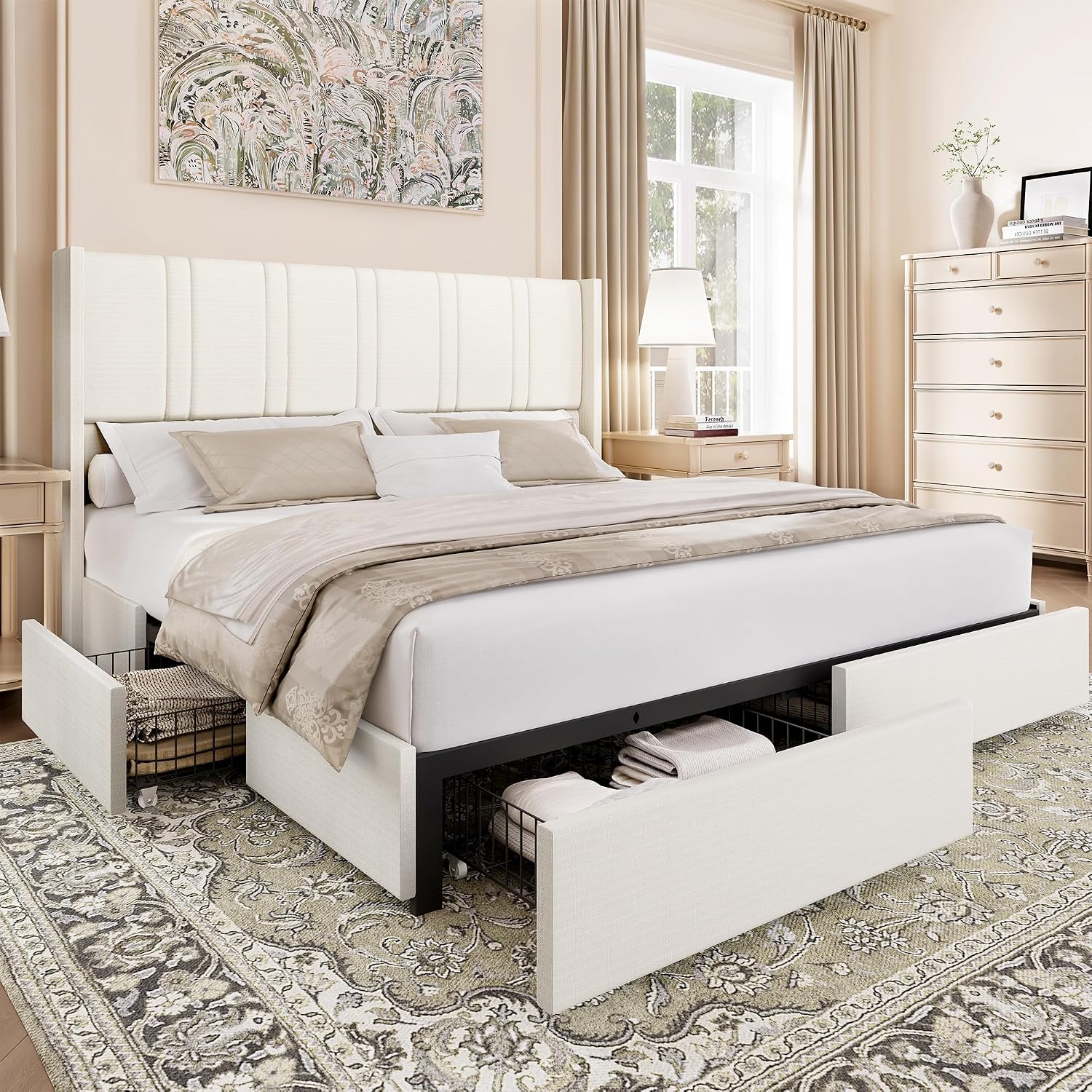 BRELTAM Queen Size Bed Frame with 4 Storage Drawers Linen Upholstered Platform Bed with Wingback Headboard, No Box Spring Needed, Easy Assembly, White