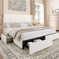 BRELTAM King Size Bed Frame with 4 Storage Drawers Linen Upholstered Platform Bed with Wingback Headboard, No Box Spring Needed, Easy Assembly, White