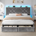 EnHomee Queen Size Platform Bed Frame with Adjustable Headboard and LED Lights, Button Tufted Velvet Headboard with Charging Station, No Box Spring Needed,Easy Assembly，Grey