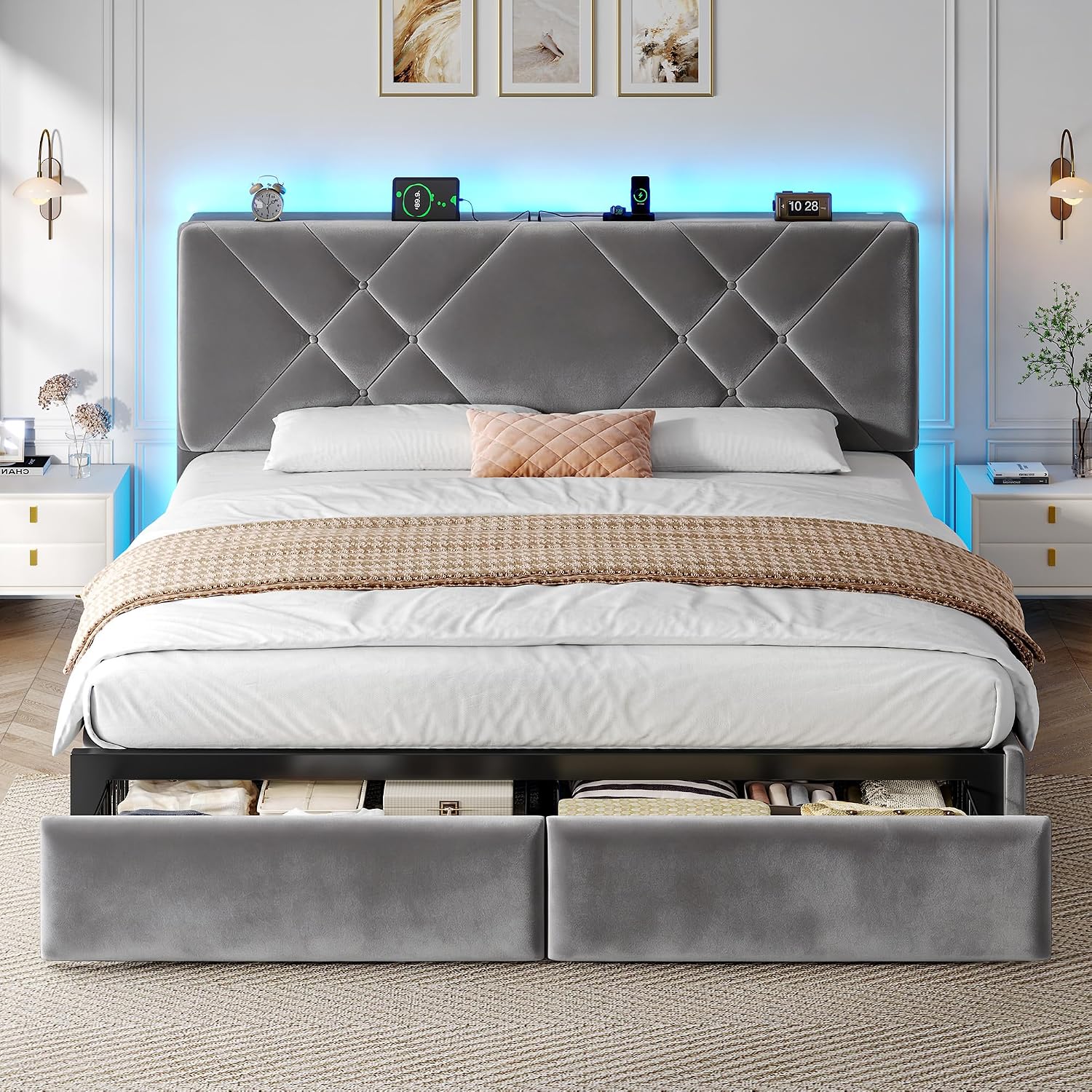 EnHomee Queen Size Platform Bed Frame with Adjustable Headboard and LED Lights, Button Tufted Velvet Headboard with Charging Station, No Box Spring Needed,Easy Assembly，Grey