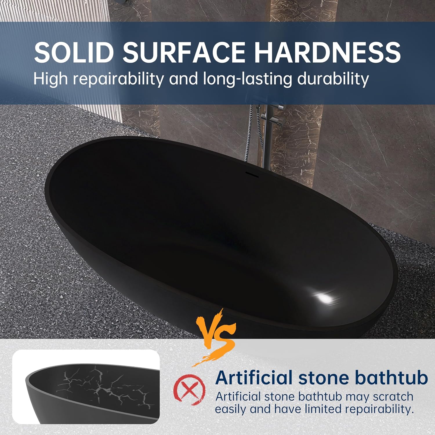61' Stone Resin Freestanding Bathtub, Oval Solid Surface Bathroom Freestanding Tub, Thin Edge Stand Alone Tub with Integrated Slotted Overflow and Pop-up Drain, Matte Black 303-1550