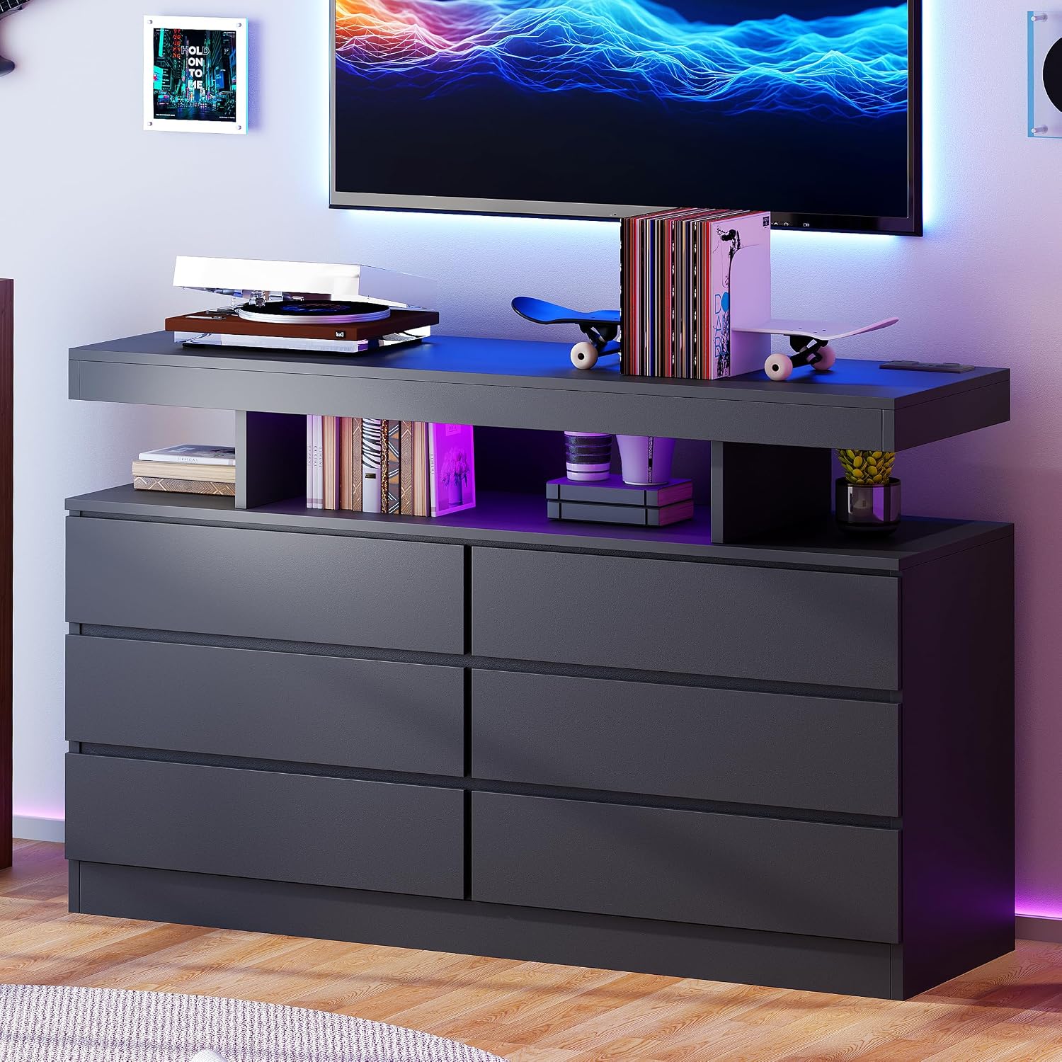 BEWISHOME Black Dresser for Bedroom with Charging Station and LED Lights, 6 Drawer Dresser Chests of Drawers, Wood Dressers for Closet, Modern Wide Dressers with Open Space, TV Stand, Black KCG02B