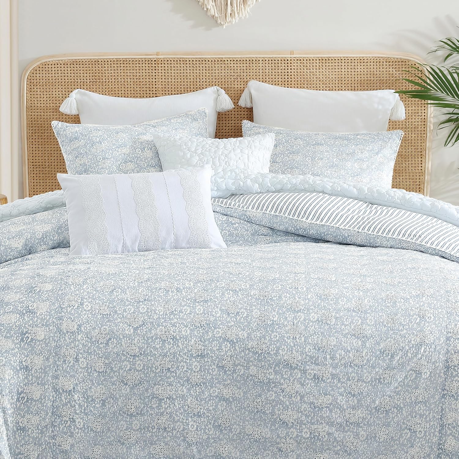 Peri Home 100% Cotton 3-Piece Comforter and Sham Set, Full/Queen, Blue Ikat Eyelet