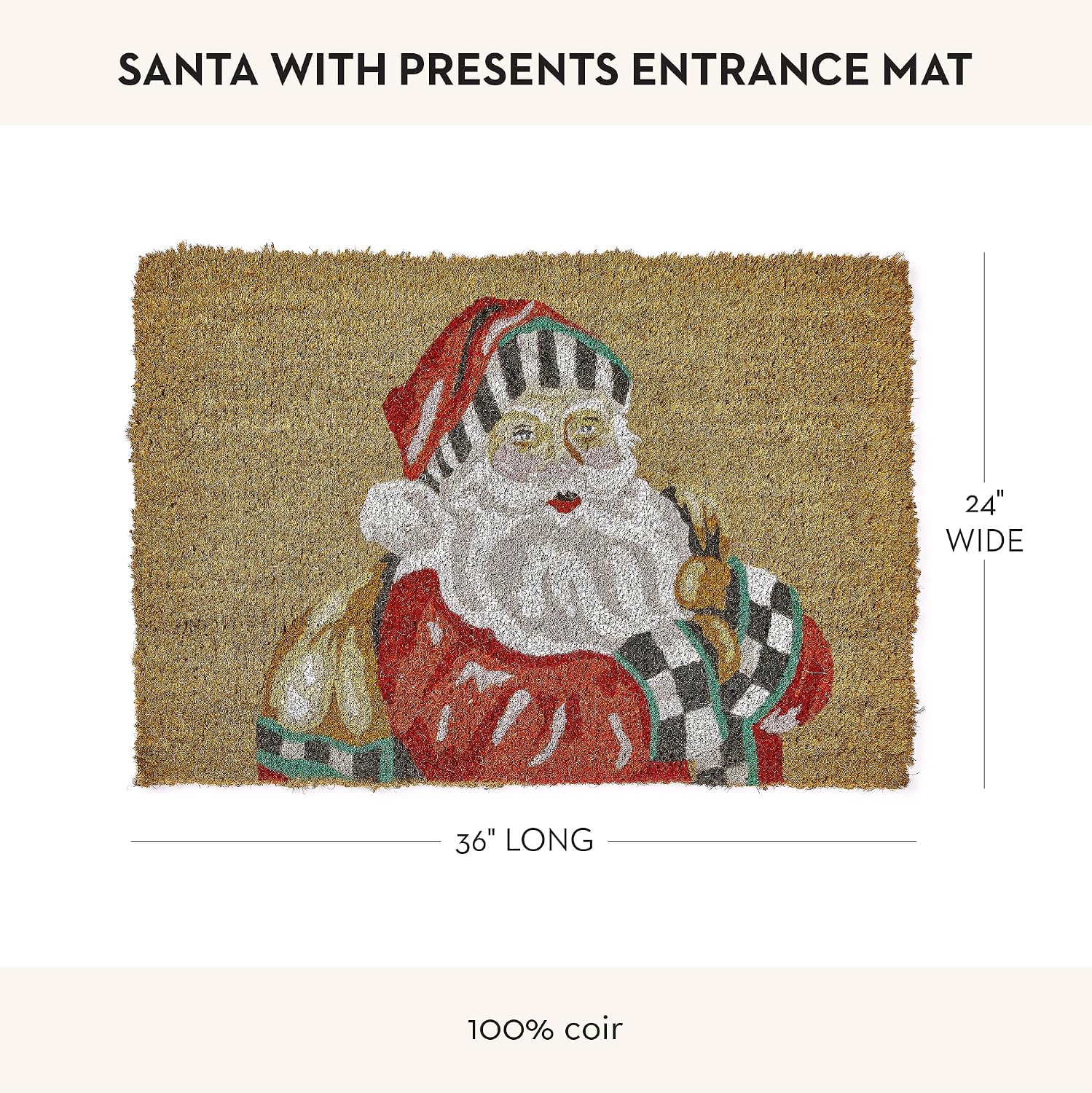 MACKENZIE-CHILDS Entrance Mat, Decorative Outdoor Front Door Mat for Christmas, Coir Door Mat, 24' x 36', Santa with Presents