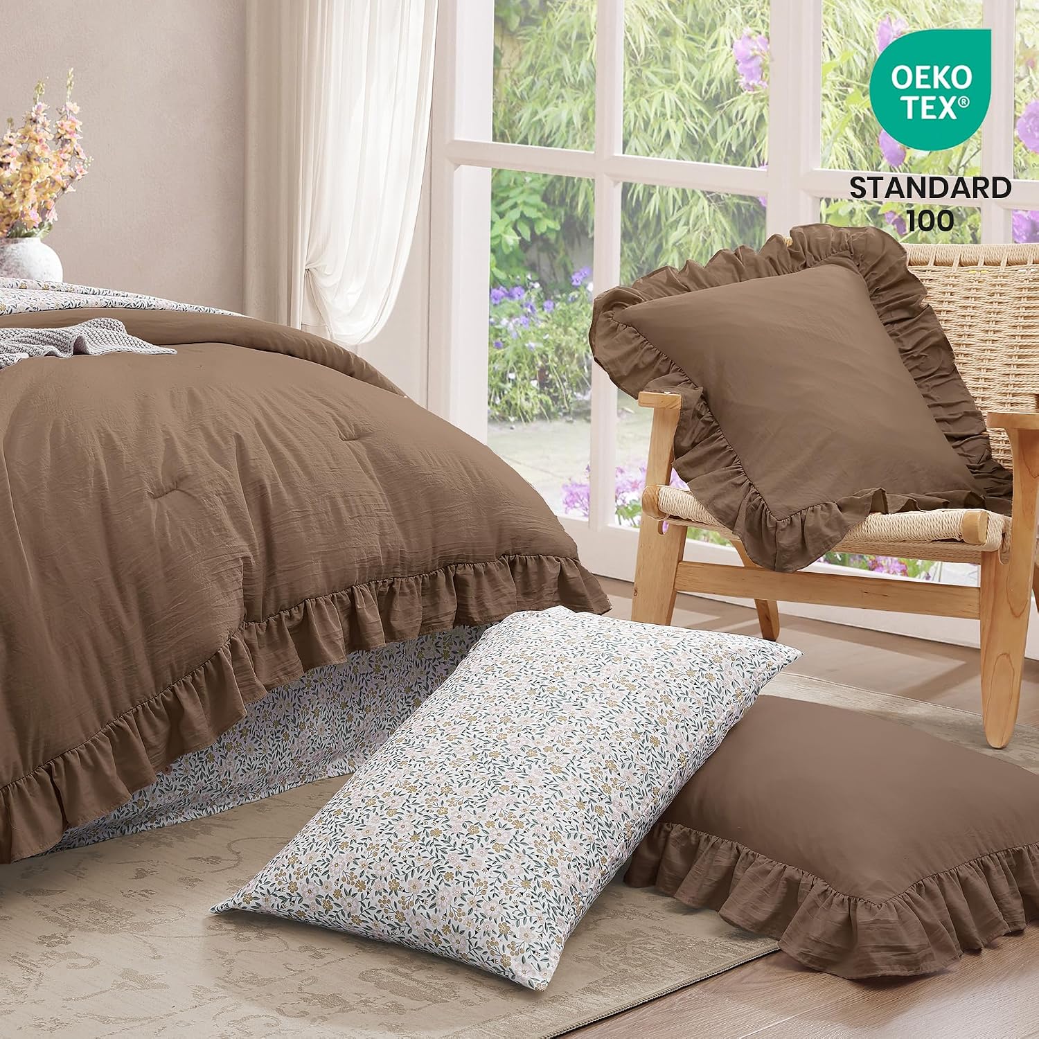 BLOOMHAVEN Oversized King Comforter Set - 7 Pieces Ruffle Amber Brown Bedding Sets, Shabby Chic Farmhouse Bed in a Bag with Ruffle Comforter, Floral Sheets, Pillowcases & Shams