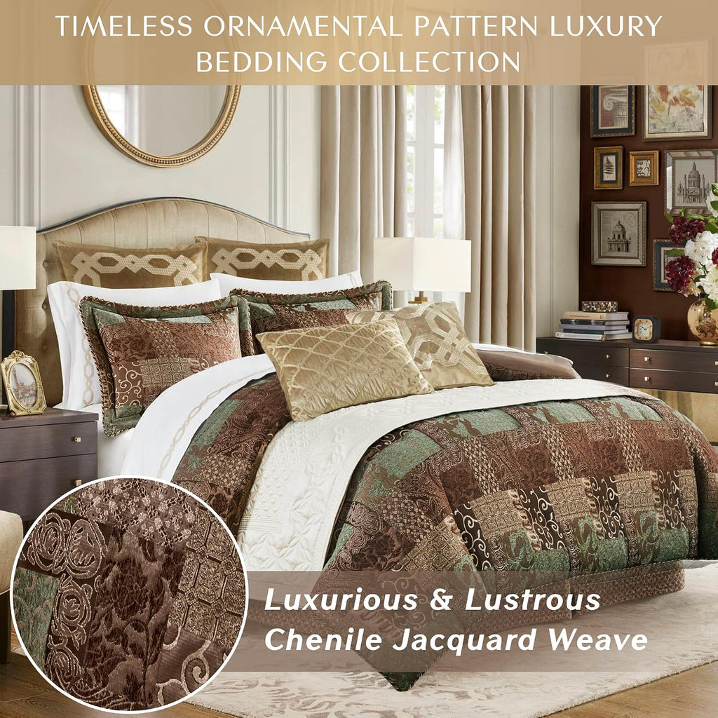 Croscill King Comforter Set, Luxe Chenille Jacquard Patchwork, Microfiber Twill Comforter for a King-Size Bed, Oversized Comforter King Bedding, 2 Shams & Bedskirt, Galleria, King, Brown