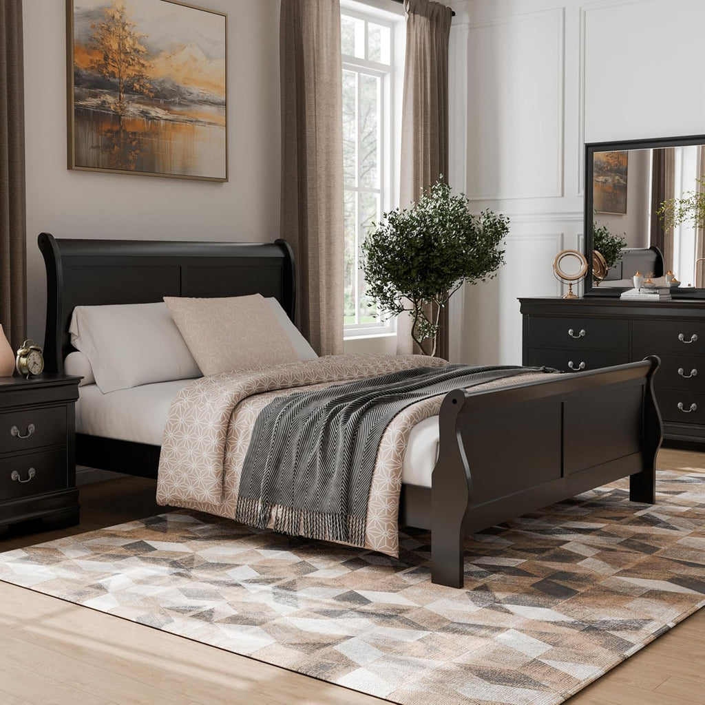 Furniture of America Arabella Traditional Wood Queen Bed Frame with Headboard and Footboard, Elegant Sleigh Design Bedframe for Bedroom, Guest Room, Easy Assembly, Box Spring Required, Black