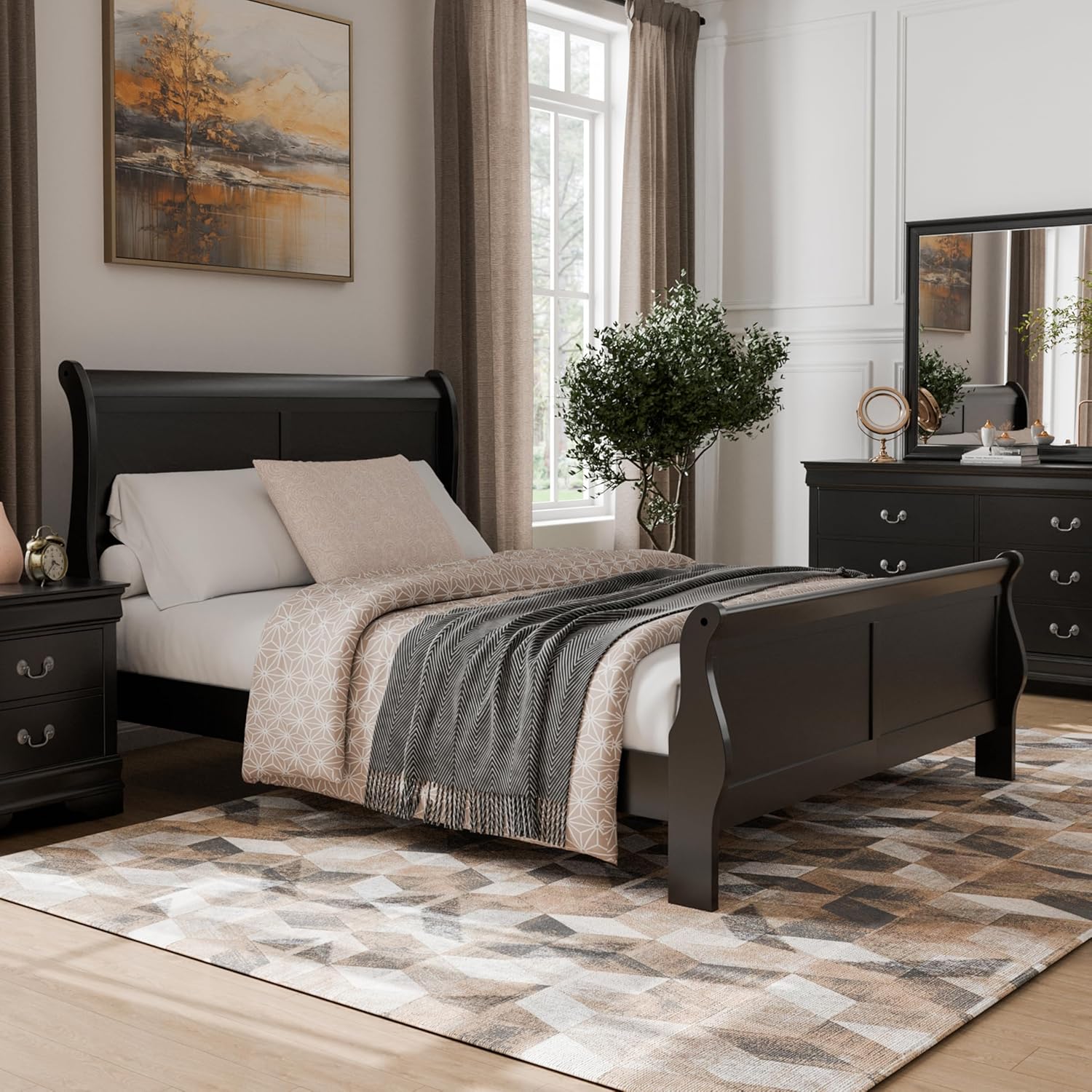Furniture of America Arabella Traditional Wood Queen Bed Frame with Headboard and Footboard, Elegant Sleigh Design Bedframe for Bedroom, Guest Room, Easy Assembly, Box Spring Required, Black