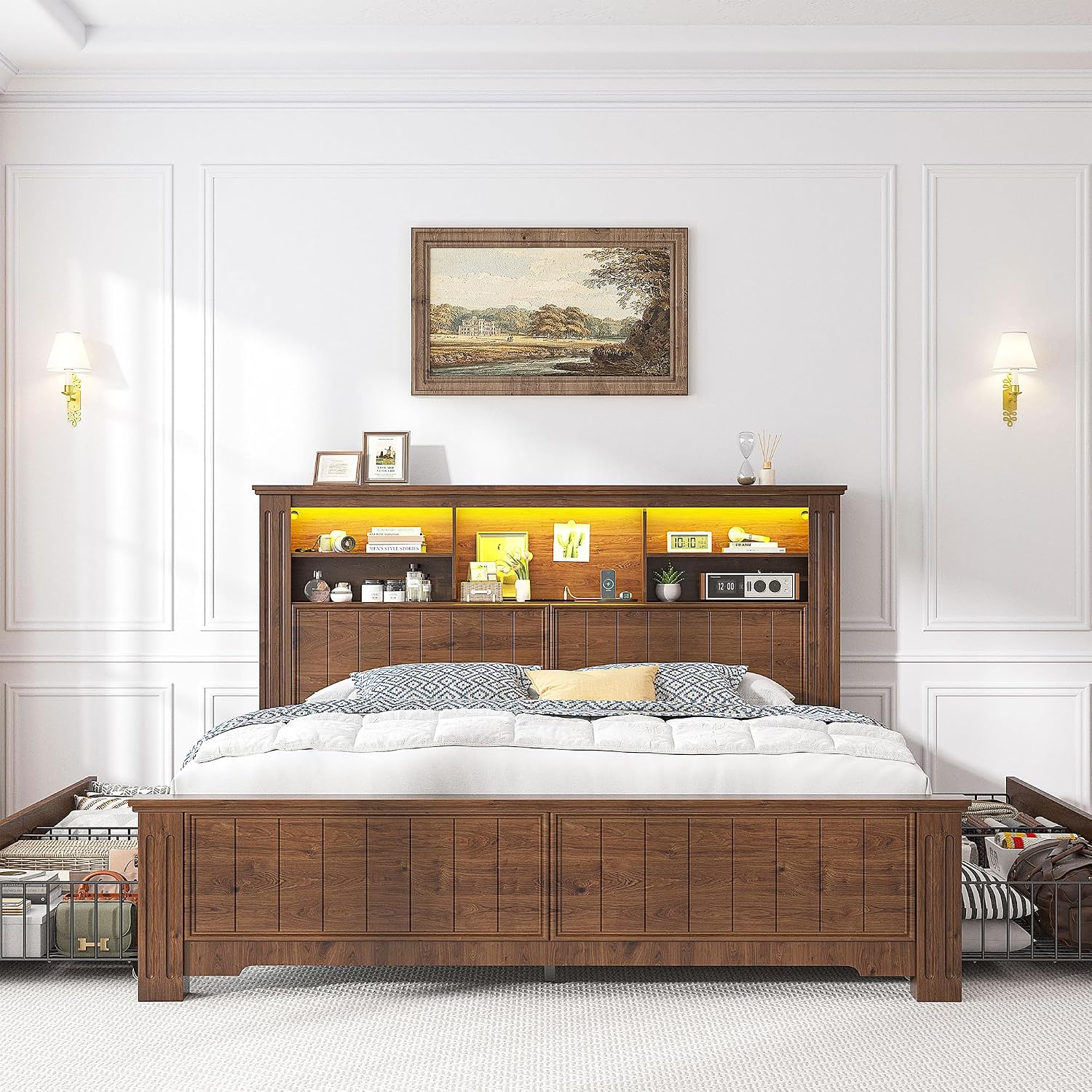 EnHomee Full Size Bed Frame with Storage, Full Bed Frame with 4 Drawers Charging Port & LED, Full Size Bed Frame with Headboard Built in Charging Station,No Box Spring Needed,NO Noise,Vintage Brown