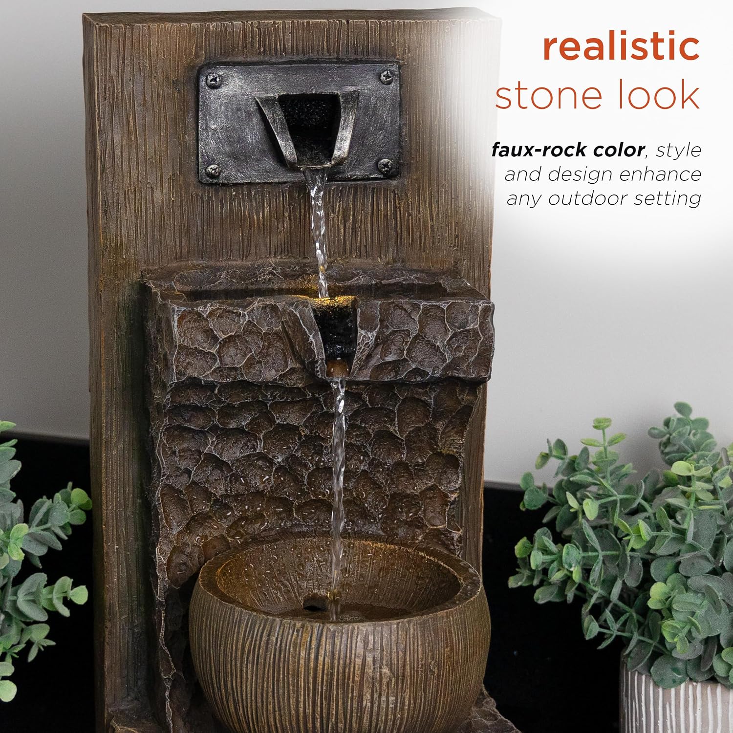 Alpine Corporation ZDQ108 Indoor/Outdoor Floor 3-Tier Fountain with LED Lights, Cascading Garden Water Fountain, 20' H, Brown
