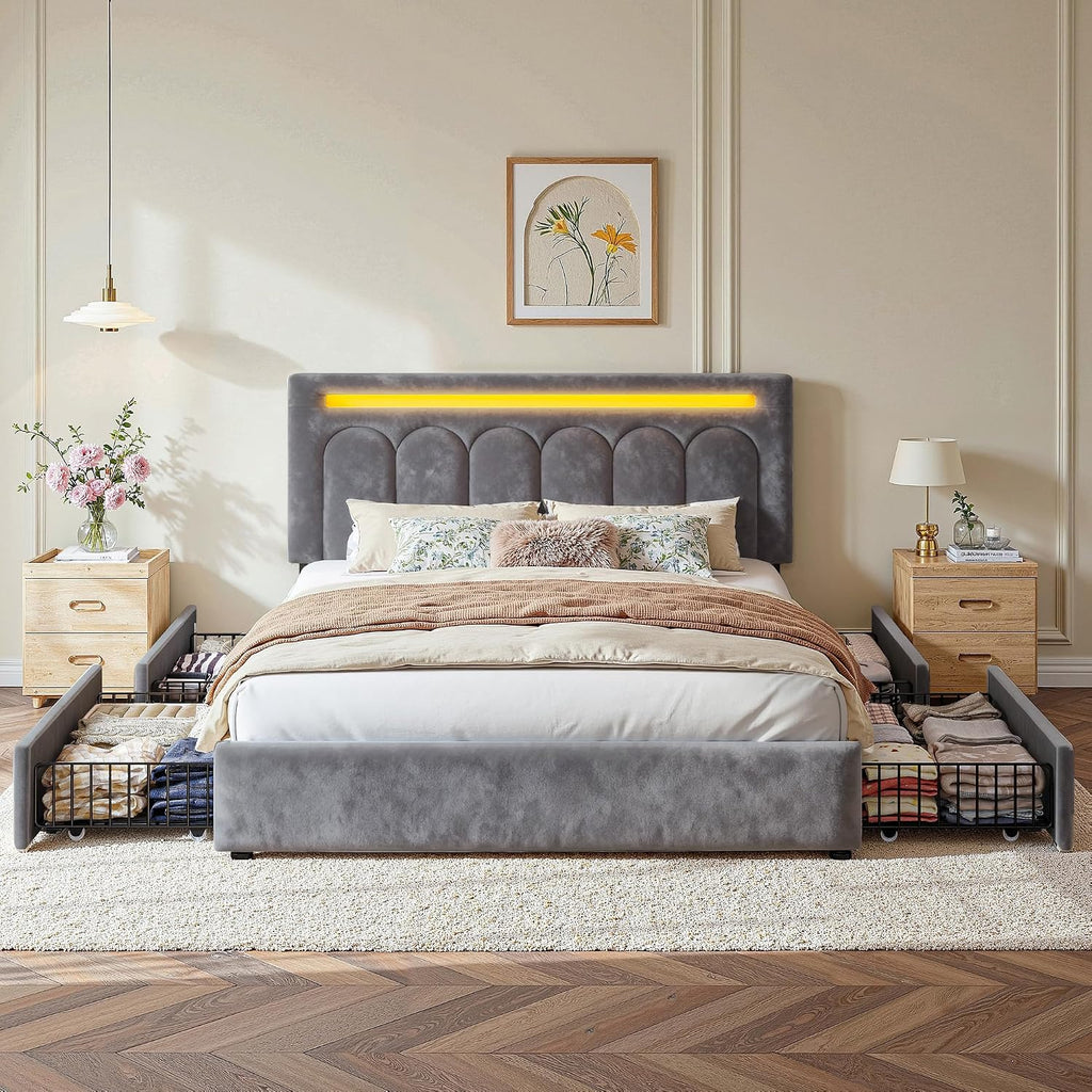 Homkdom Velvet Upholstered Full Size Bed Frame with 4 Storage Drawers, Vertical Arched LED Headboard, Sturdy Wood Slats Support, No Box Spring Needed, Grey