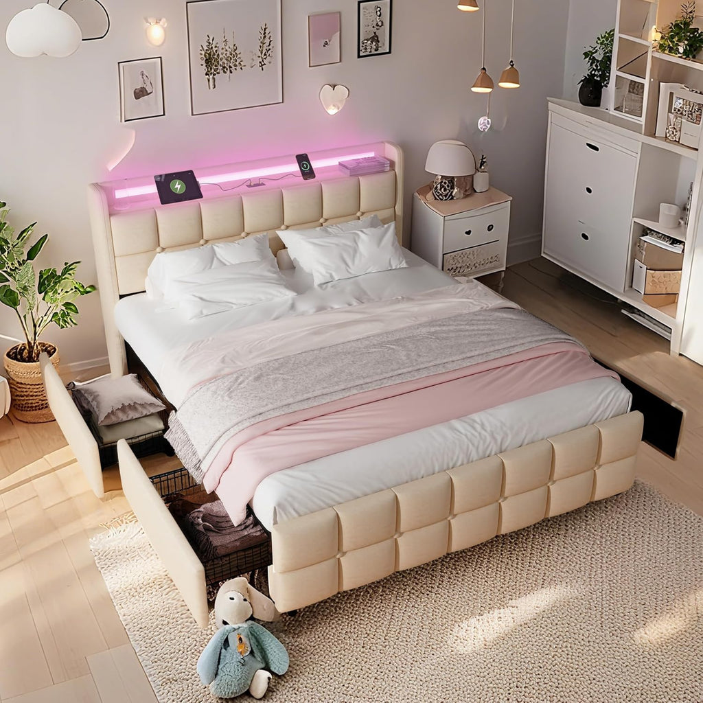 Modern LED Storage Bed with Charging Station All-Metal Platform Bed Frame Featuring 2-Tier Headboard, 4 Storage Drawers, and Easy Assembly(201-Beige, Queen)
