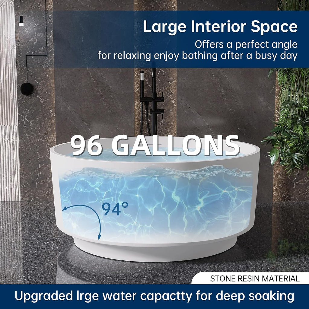 49'' Round Soaking Bathtub Resin Stone Freestanding Bathtub Soaking Deep Tub Solid Surface Bathtub with Overflow and Pop-up drain in White