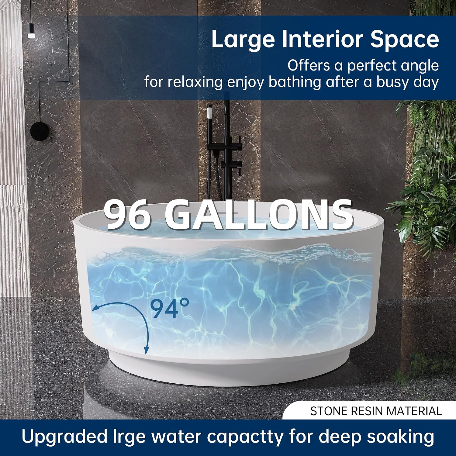 49'' Round Soaking Bathtub Resin Stone Freestanding Bathtub Soaking Deep Tub Solid Surface Bathtub with Overflow and Pop-up drain in White
