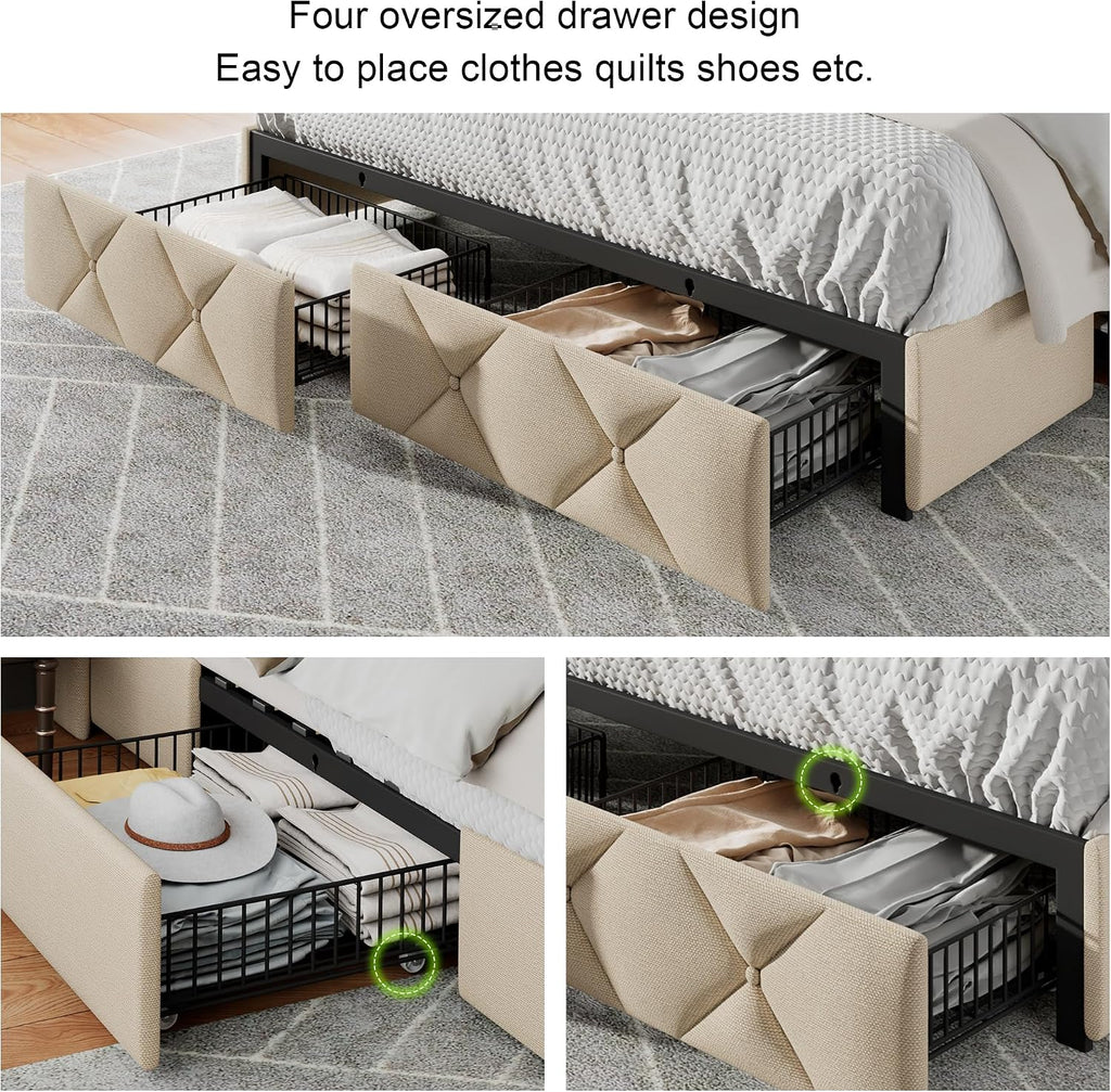 Feonase Queen Bed Frame with 4 Storage Drawers, Upholstered Button Tufted 4' Storage Headboard with Fast Charging Station, Heavy Duty Slats Support, No Box Spring Needed, Noise-Free, Beige