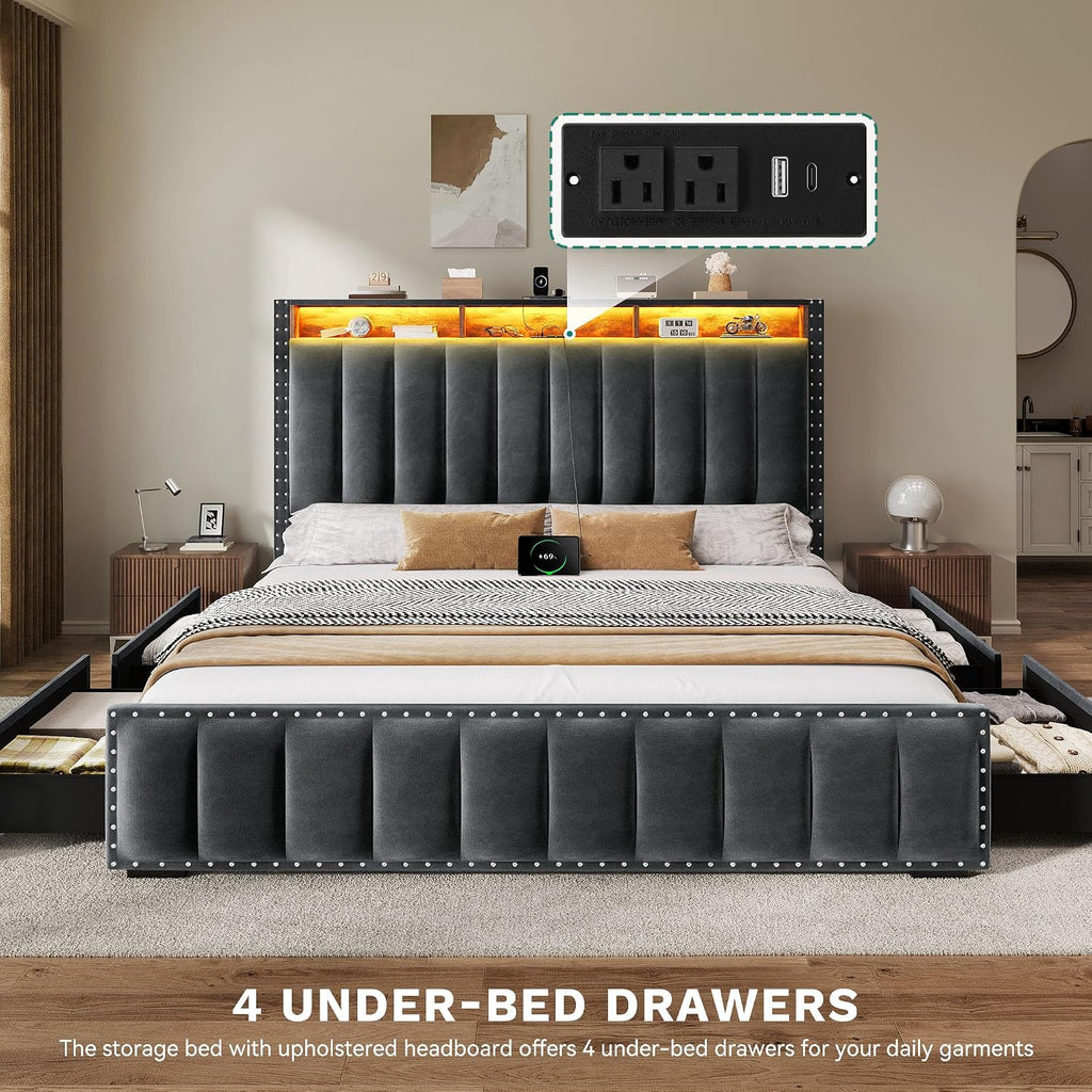 DWVO Queen Size Bed Frame with 4 Storage Drawers and RGB LED Lights, Velvet Upholstered Platform Bed with Charging Station and Bookcase Storage Headboard, No Box Spring Needed, Easy Assembly, Grey