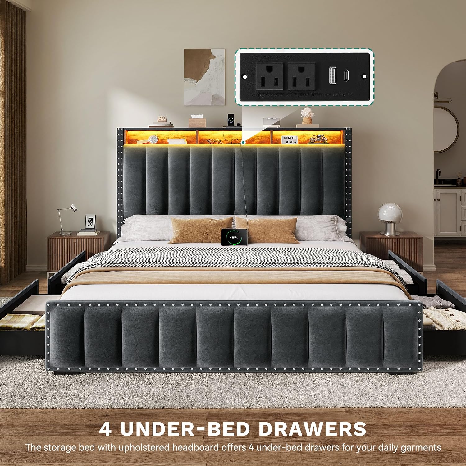 DWVO Queen Size Bed Frame with 4 Storage Drawers and RGB LED Lights, Velvet Upholstered Platform Bed with Charging Station and Bookcase Storage Headboard, No Box Spring Needed, Easy Assembly, Grey