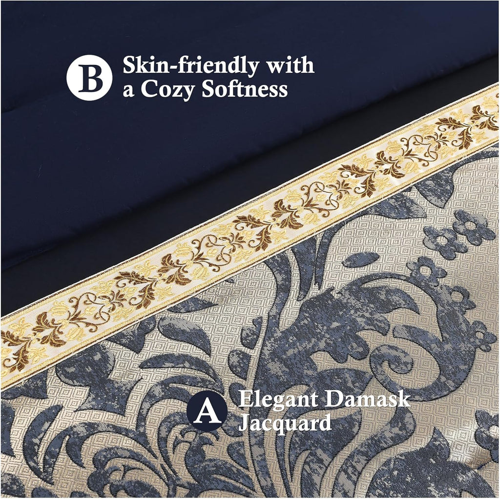 Finlonte King Size Comforter Set, Navy Blue Gold, 7 Piece Bed in a Bag for All Seasons, Luxury Vintage Floral Jacquard Damask Paisley Patchwork, Bedding Sets with Bedskirt, Shams and Decor Pillows