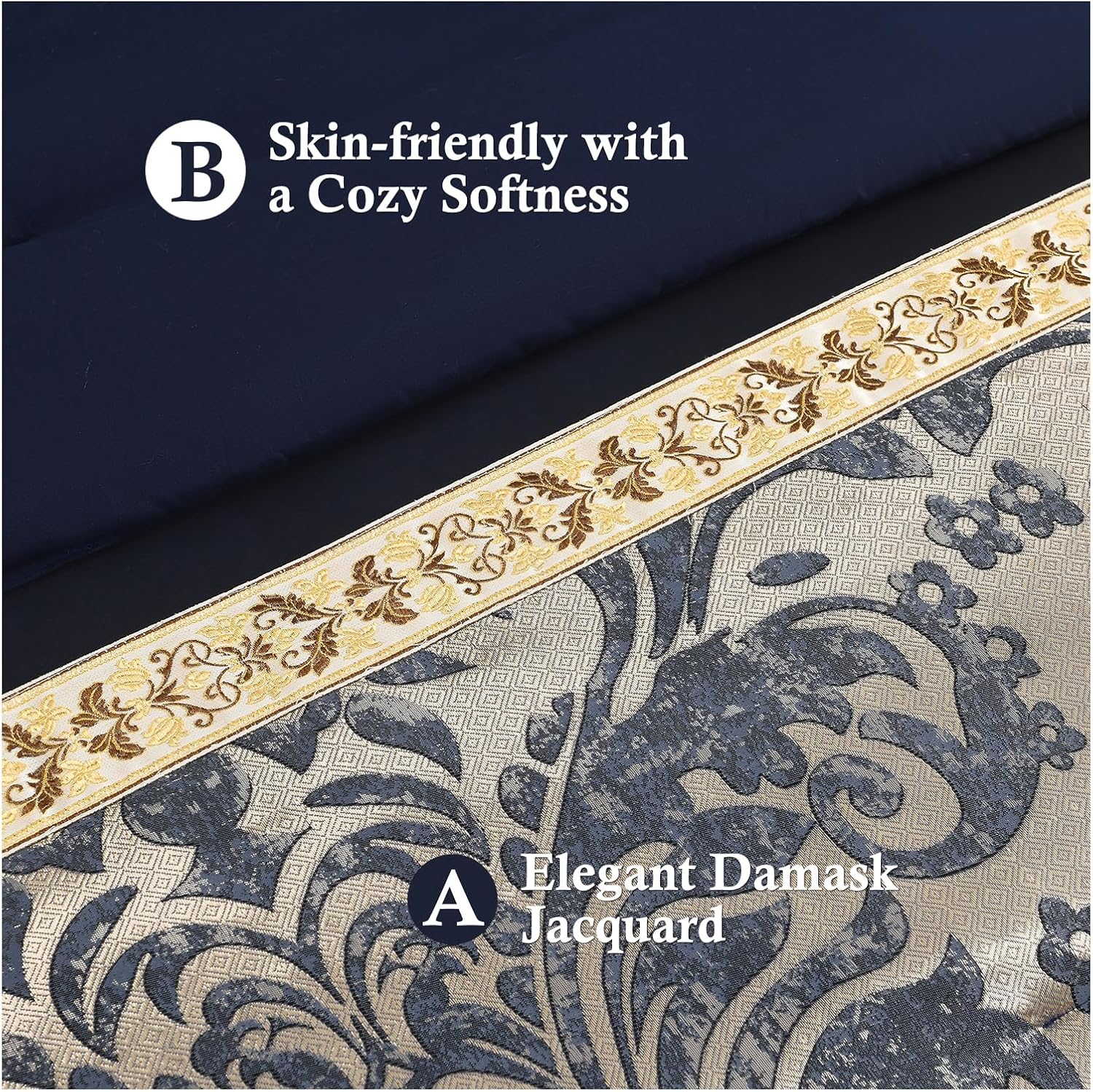 Finlonte King Size Comforter Set, Navy Blue Gold, 7 Piece Bed in a Bag for All Seasons, Luxury Vintage Floral Jacquard Damask Paisley Patchwork, Bedding Sets with Bedskirt, Shams and Decor Pillows