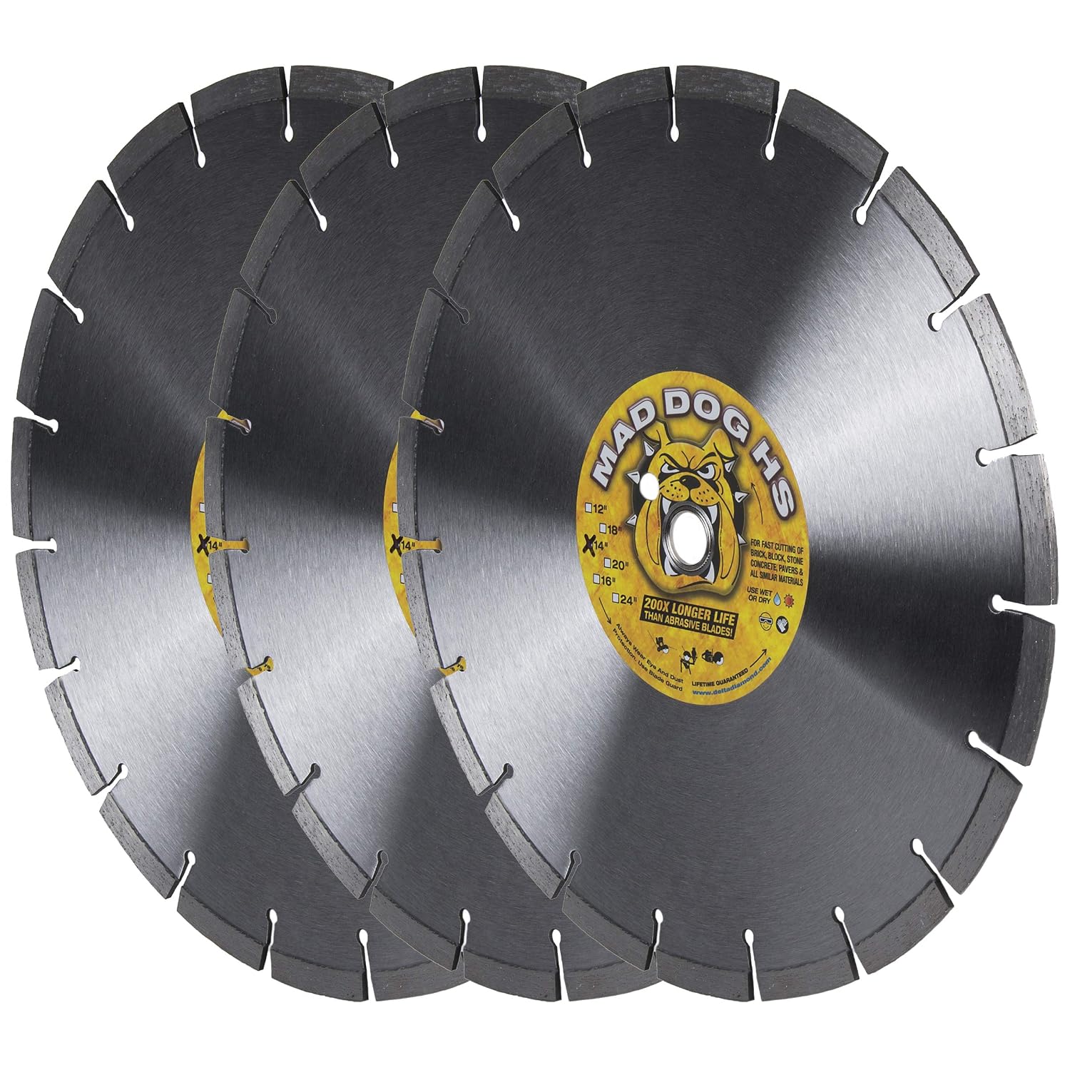 Delta Diamond Mad Dog HS 14 Inch 3 Pack Segmented Diamond Saw Blade, .125 X 1-20mm Arbor, Made in USA, Premium, Wet/Dry, Laser-Welded, General Purpose Cutting Concrete, Masonry, Stone (14' 3pcs)