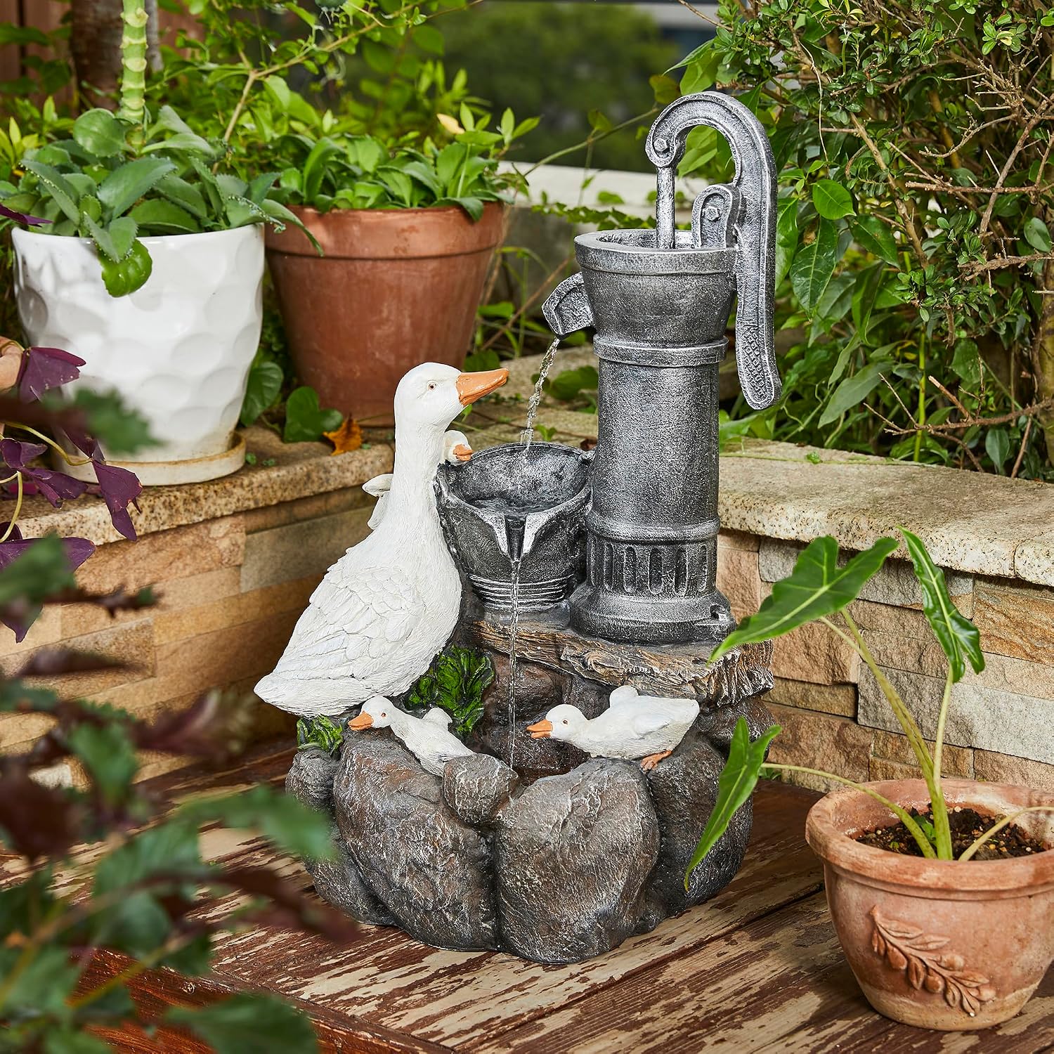 Glitzhome Outdoor Fountain 23.25' Height, Waterfall Fountains Indoor Water Fountain Freestanding Water Feature Fountains with Pump and LED Lights, Outside Garden Backyard Decor, Cute Duck