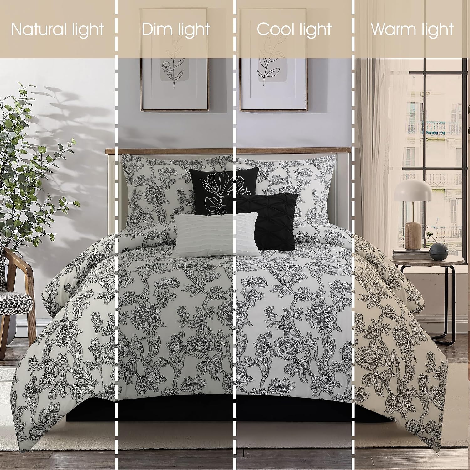 Grand Avenue Black and White Comforter Set Queen Size, 7 Piece Clip Jacquard Floral Bedding Set, All Season Comforters, Bedskirt, Pillows & Shams