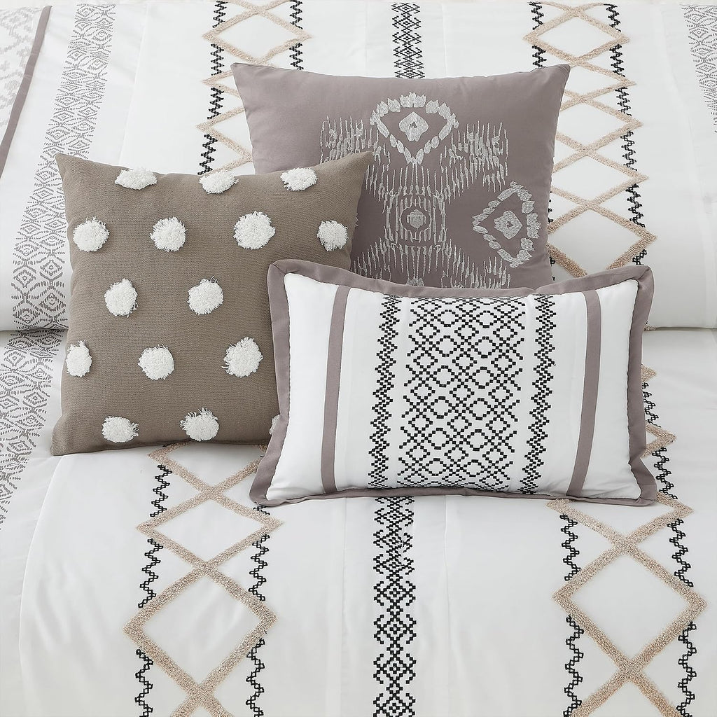 LANCO MODERN LIFESTYLE Taupe Queen Comforter Set, 7 Pieces All Season Bedding Sets in a Bag with Geometric Terry Embroidered Comforter, Bed Skirt, Pillow Shams and Decorative Pillows