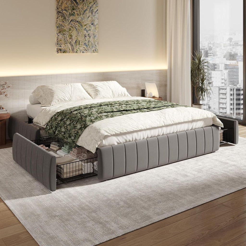 SHA CERLIN Queen Size Velvet Upholstered Platform Bed Frame with 4 Storage Drawers, Vertical Channel Tufted, Low Profile, Fits Standard Headboards, Wooden Slats Support, Easy Assembly, Grey