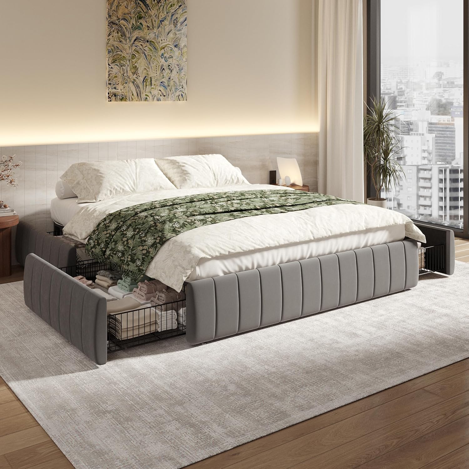 SHA CERLIN Full Size Velvet Upholstered Platform Bed Frame with 4 Storage Drawers, Vertical Channel Tufted, Low Profile, Fits Standard Headboards, Wooden Slats Support, Easy Assembly, Grey