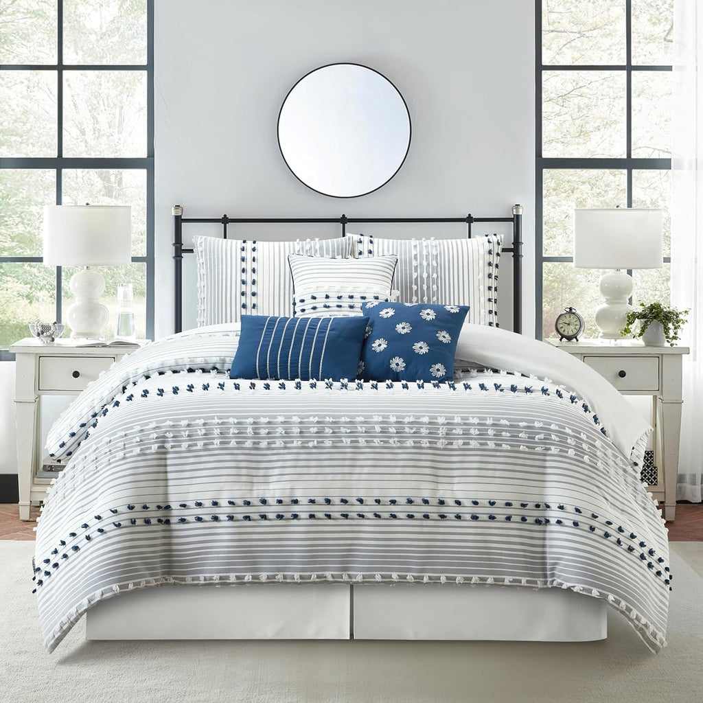 Stratford Park Blue Striped Dots King Size Comforter Sets, 7 Piece, Jaquard & Clip Bedding Sets & Collections, Bedskirt, Pillows & Shams, All Season Bedding Set