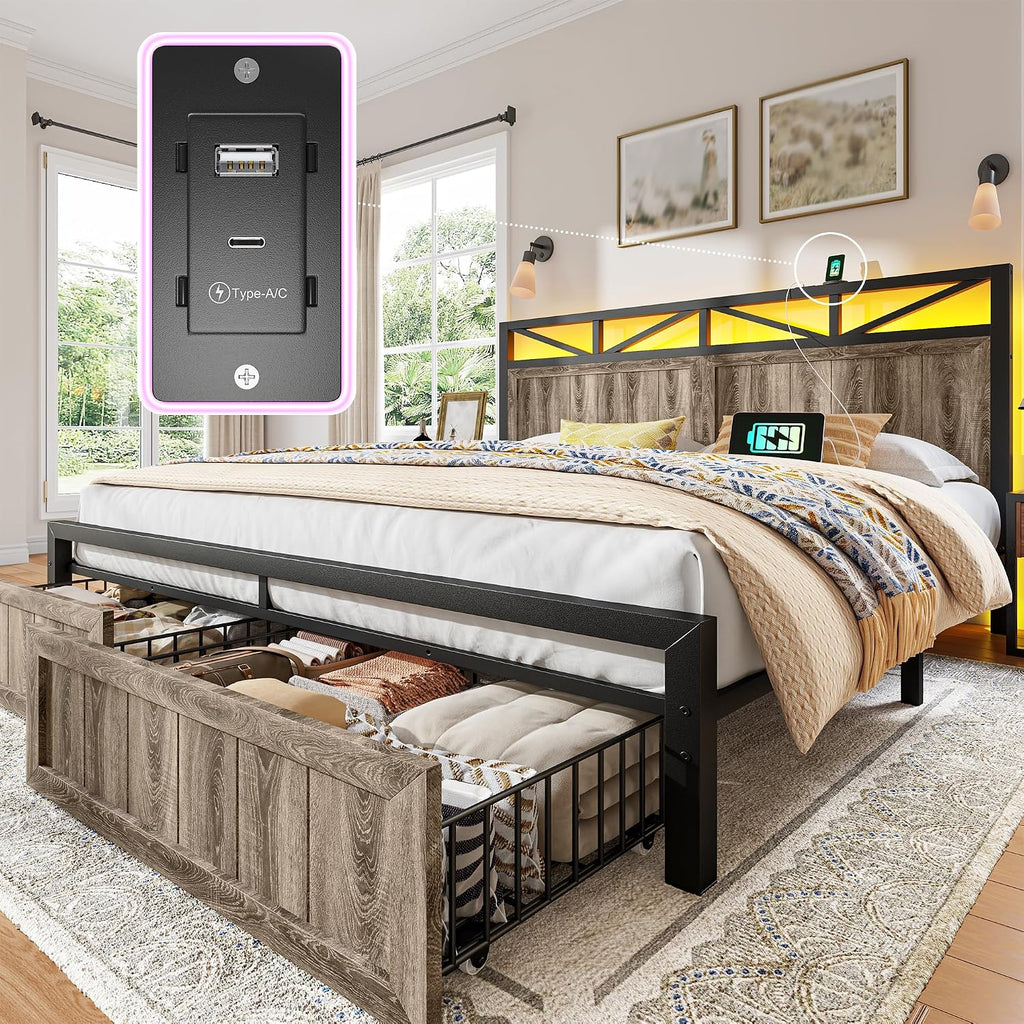 EnHomee King Size Bed Frame with 2 Storage Drawers, King Bed Frame with Wooden Headboard and Strong Metal Support,LED Lights and Charging Station,Farmhouse,NO Noise,No Box Spring Needed,Grey