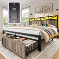 EnHomee King Size Bed Frame with 2 Storage Drawers, King Bed Frame with Wooden Headboard and Strong Metal Support,LED Lights and Charging Station,Farmhouse,NO Noise,No Box Spring Needed,Grey