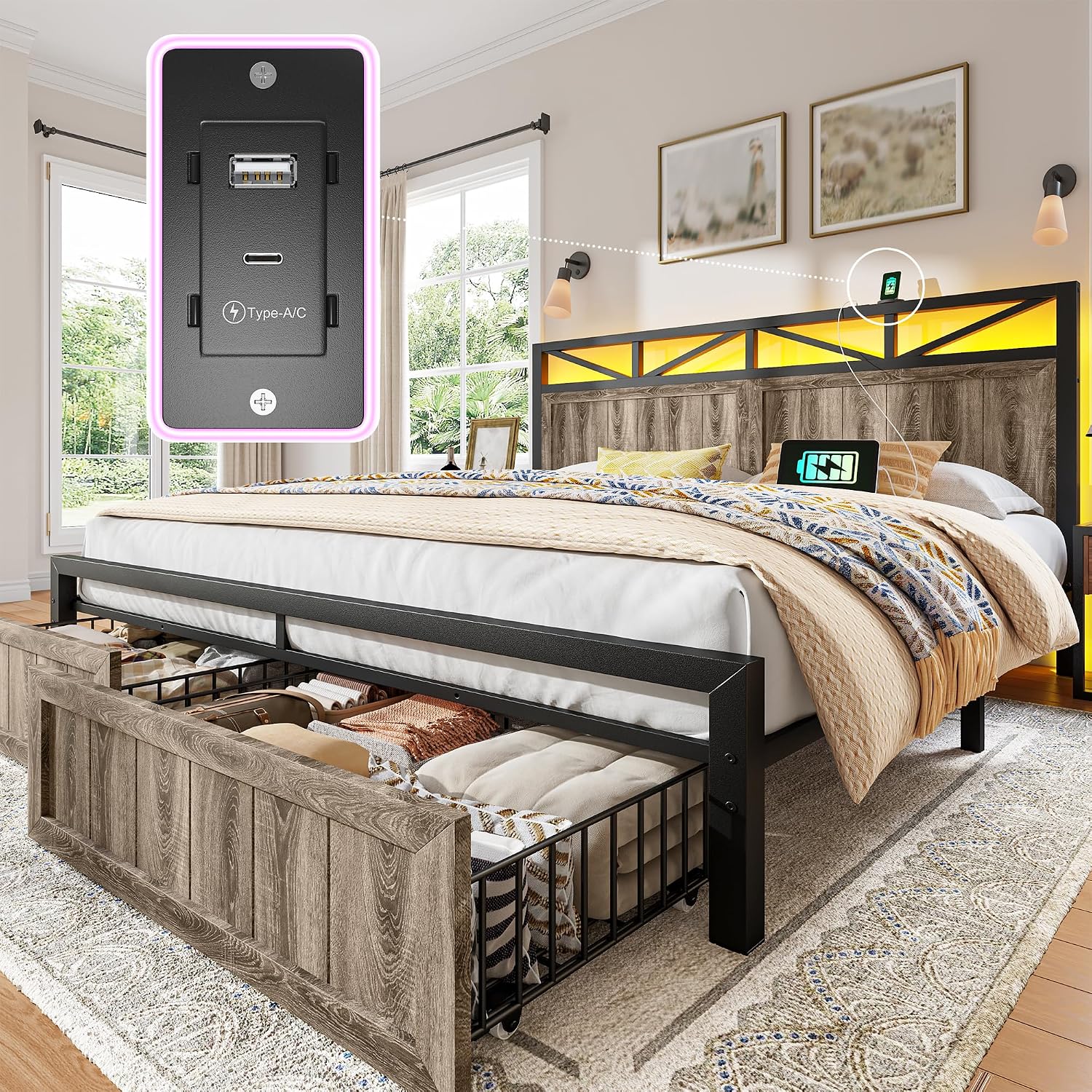EnHomee King Size Bed Frame with 2 Storage Drawers, King Bed Frame with Wooden Headboard and Strong Metal Support,LED Lights and Charging Station,Farmhouse,NO Noise,No Box Spring Needed,Grey