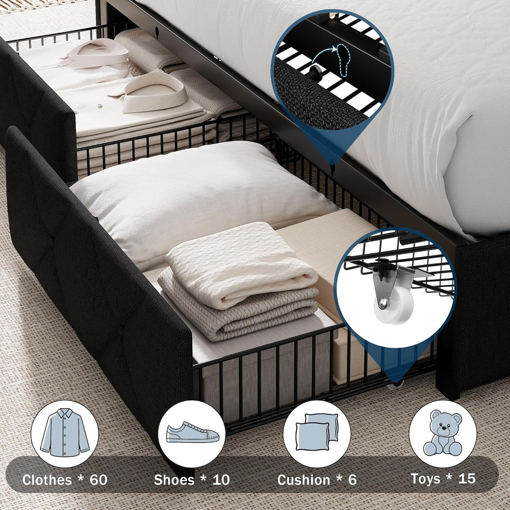 GalnFu Full Size Bed Frame with 4 Large Storage Drawers, Upholstered Platform Bed with Charging Station, Modern Wingback Storage Headboard, Easy Assembly,Noise-Free, Black